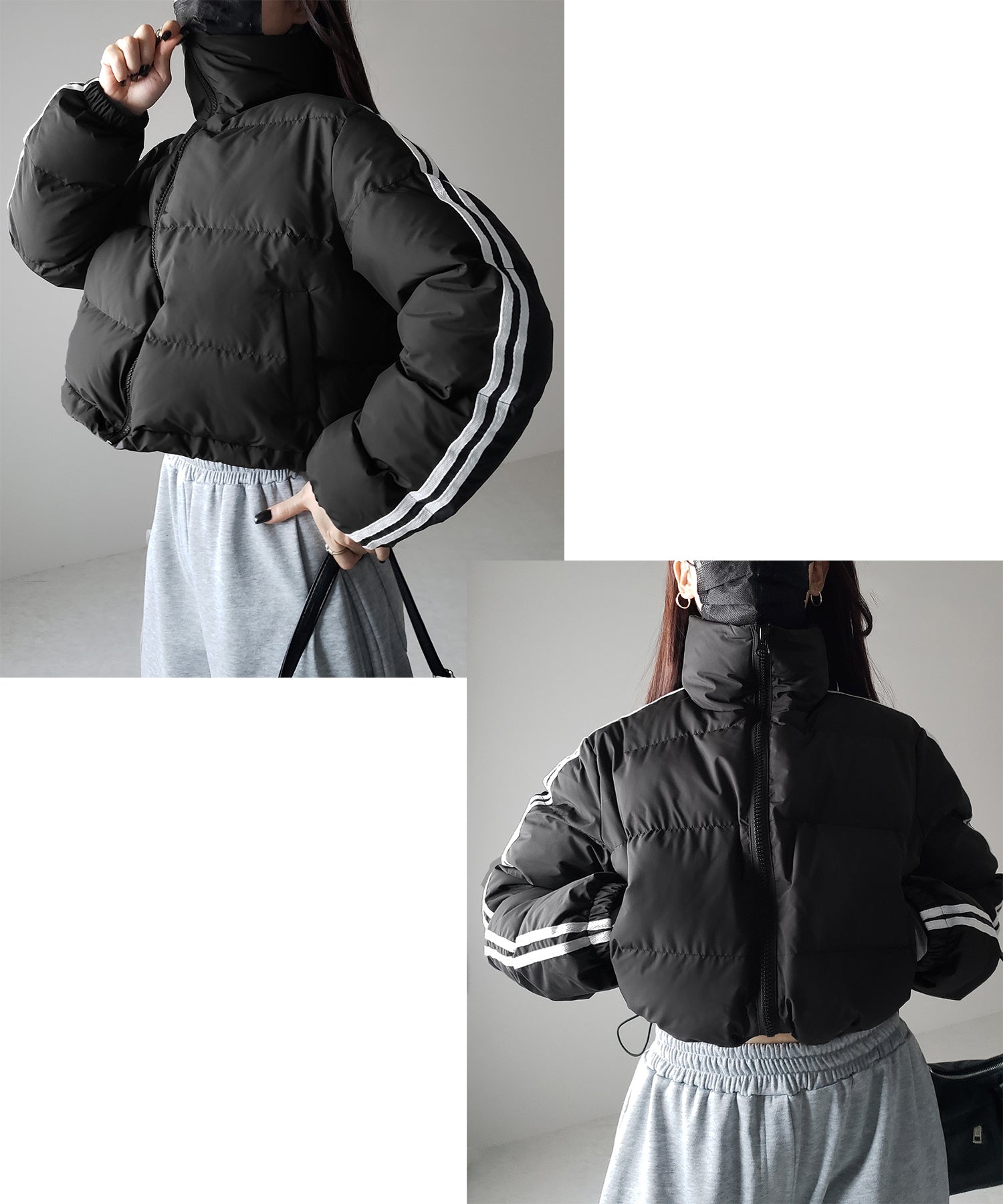 【 選べる4色展開 / 裾絞り可能2WAY 】サイドラインナイロンショートパフダウンジャケット