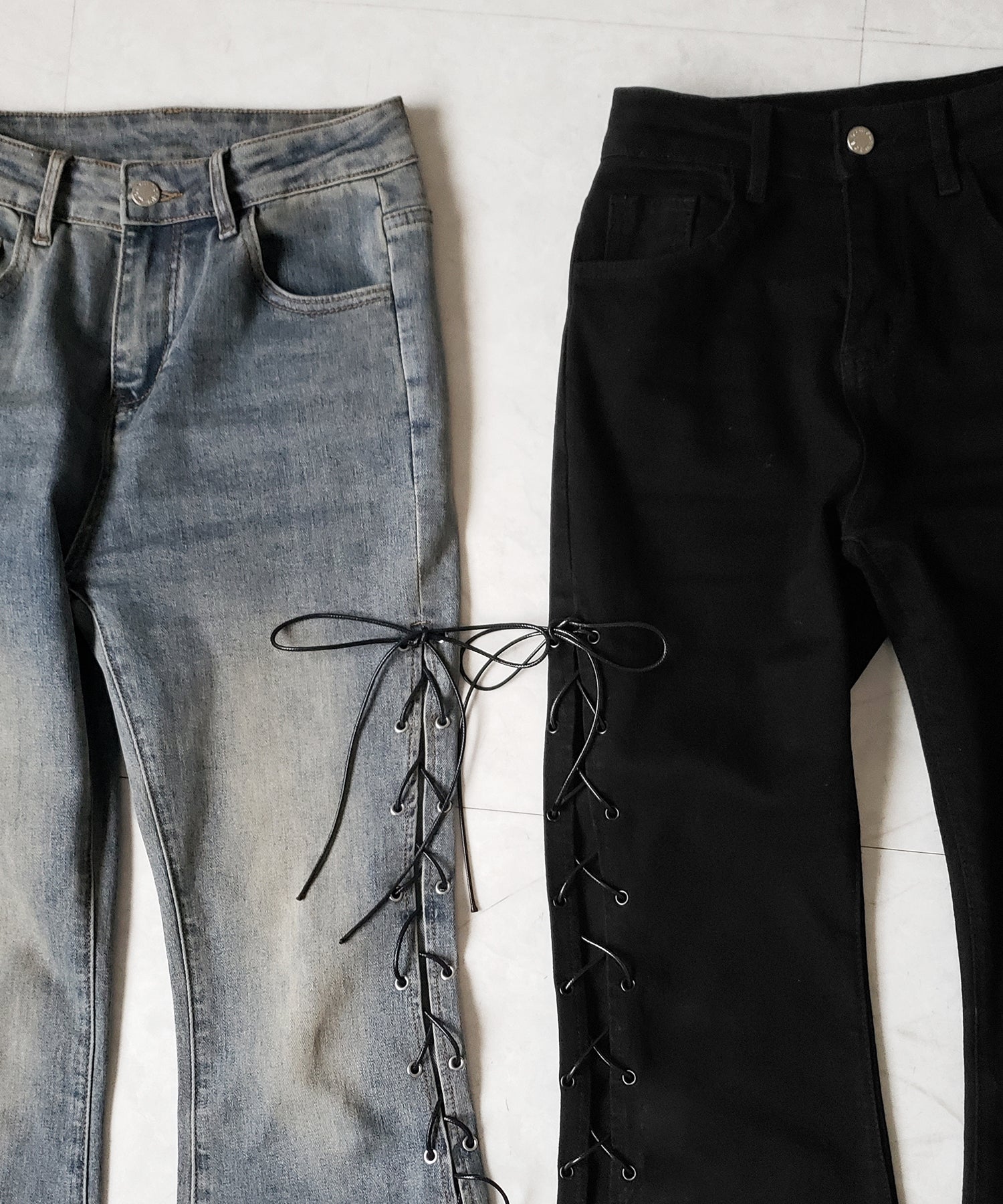 レースアップカットアウトストレッチフレアデニム / lace up cutout stretch flare denim