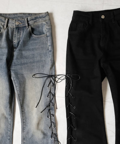 レースアップカットアウトストレッチフレアデニム / lace up cutout stretch flare denim