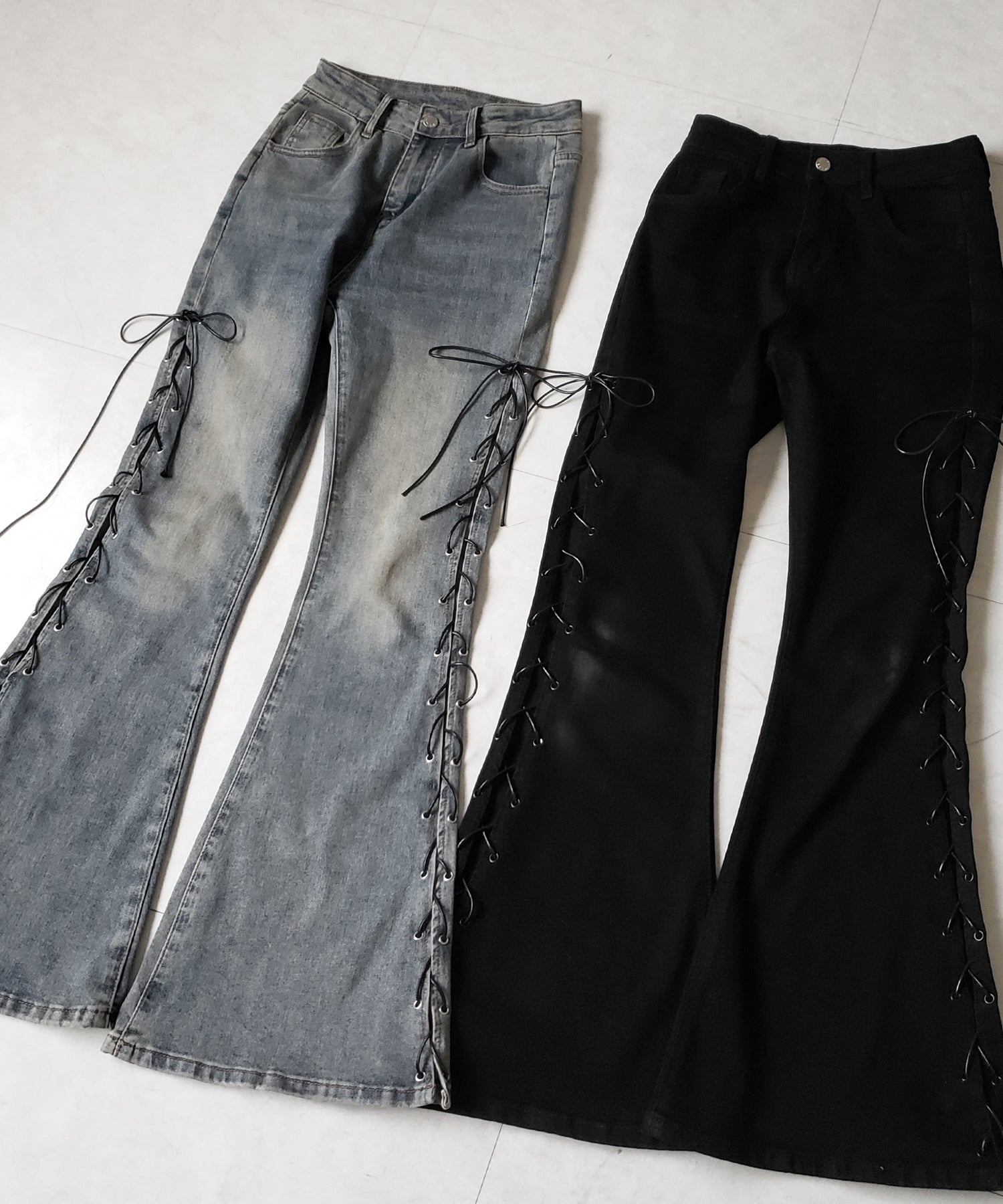レースアップカットアウトストレッチフレアデニム / lace up cutout stretch flare denim