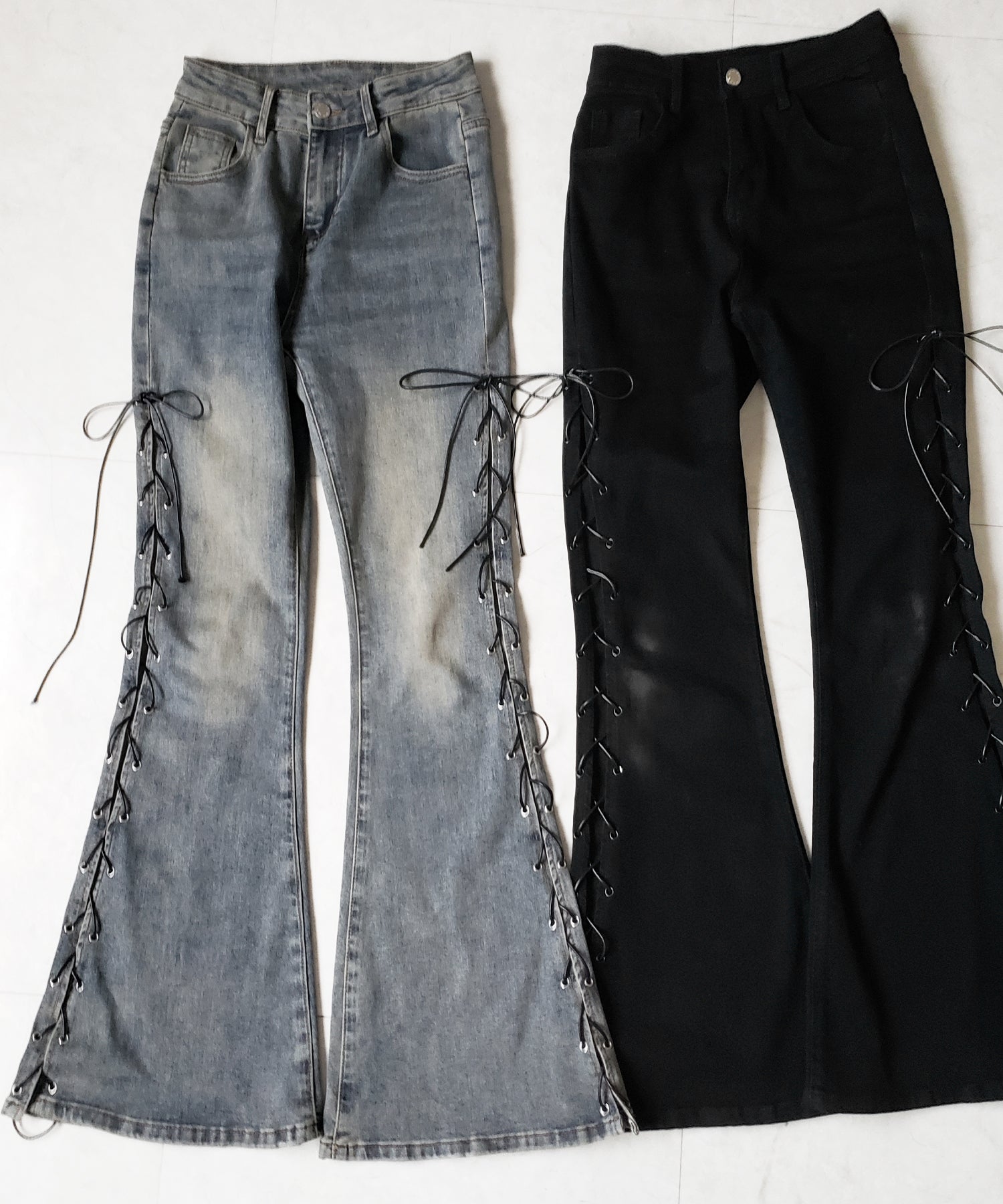 レースアップカットアウトストレッチフレアデニム / lace up cutout stretch flare denim