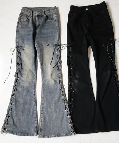 レースアップカットアウトストレッチフレアデニム / lace up cutout stretch flare denim