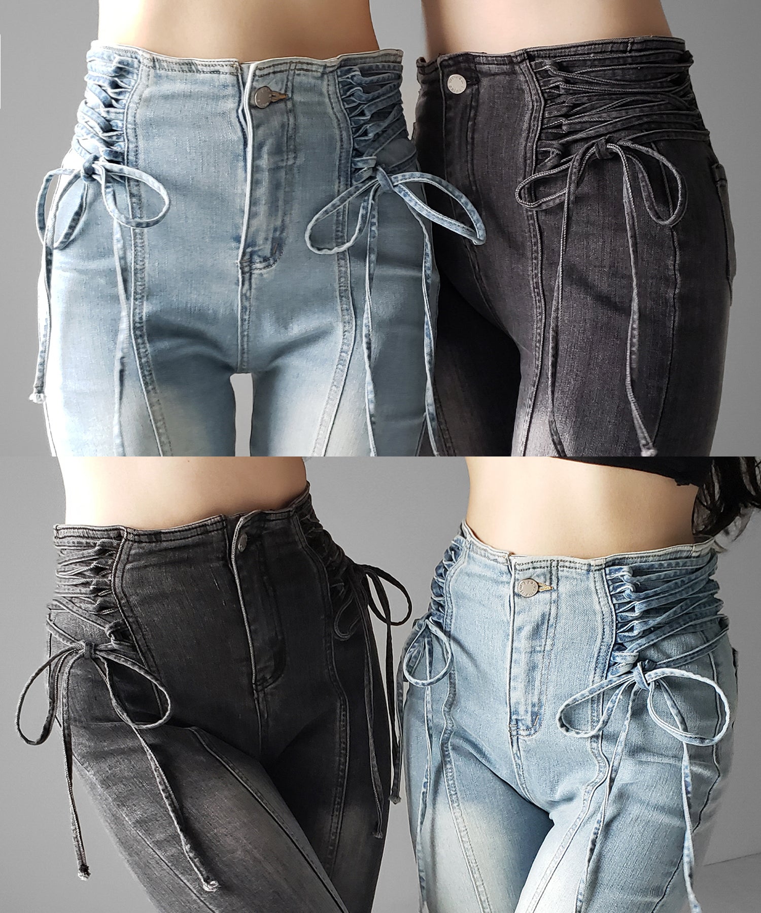 サイドレースアップリボン美脚ストレッチフレアデニム / side laceup ribbon slim leg stretch flare denim