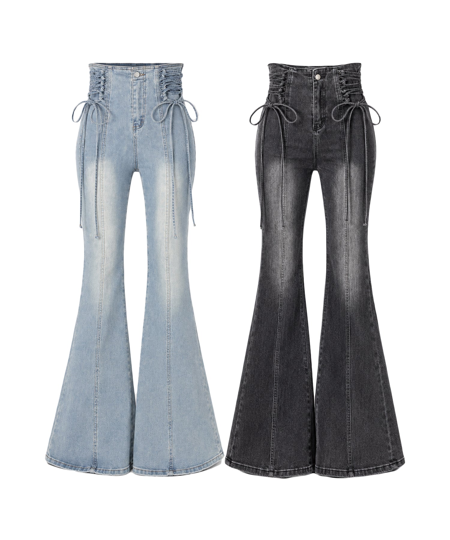 サイドレースアップリボン美脚ストレッチフレアデニム / side laceup ribbon slim leg stretch flare denim
