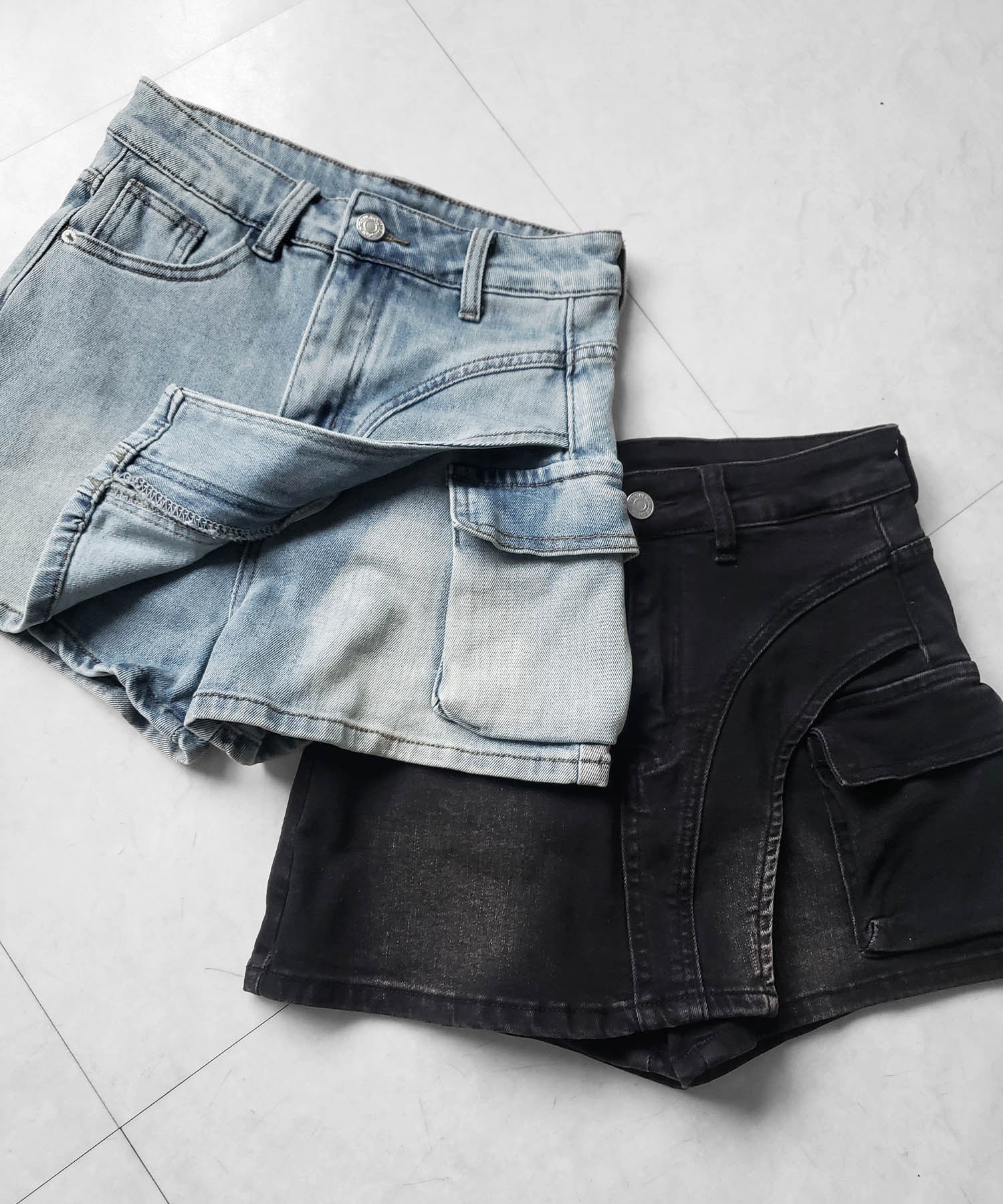 カーゴポケットレイヤードデニムミニスカパン / cargo pocket layered denim mini skirt pants