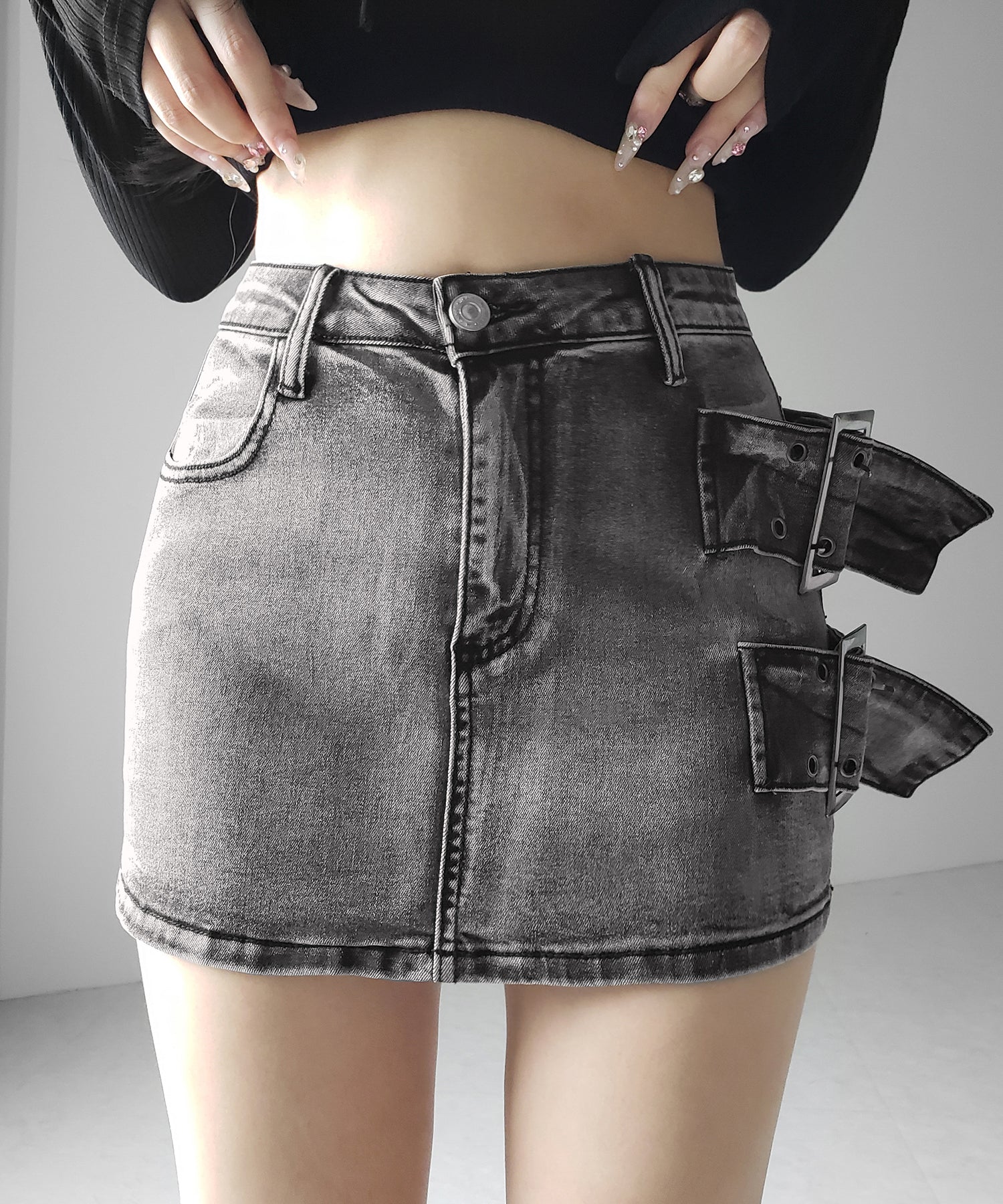 【 インパン裏地付 】ダブルハトメベルトヴィンテージデニムミニスカート / Double eyelet belt vintage denim mini skirt