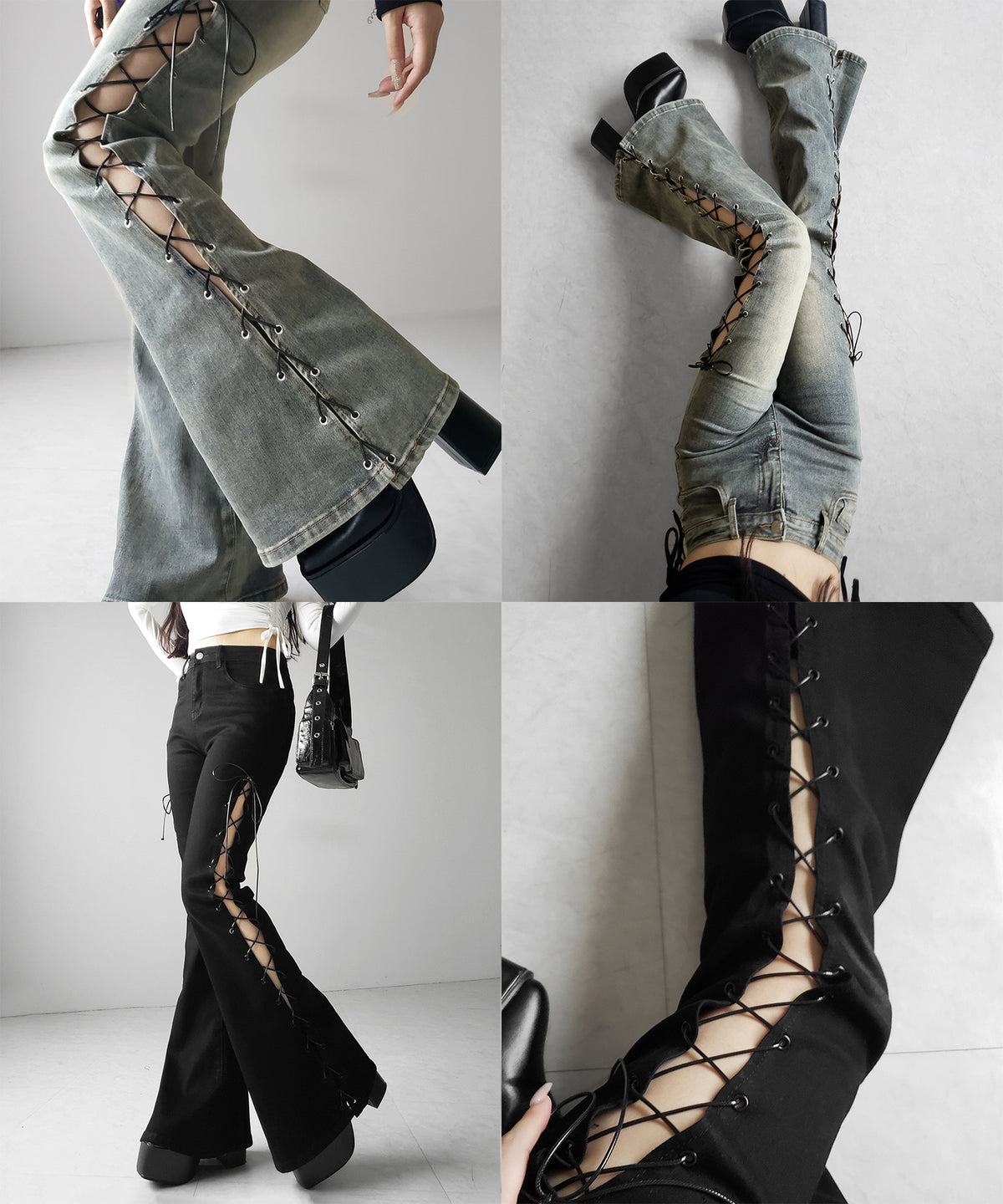 レースアップカットアウトストレッチフレアデニム / lace up cutout stretch flare denim