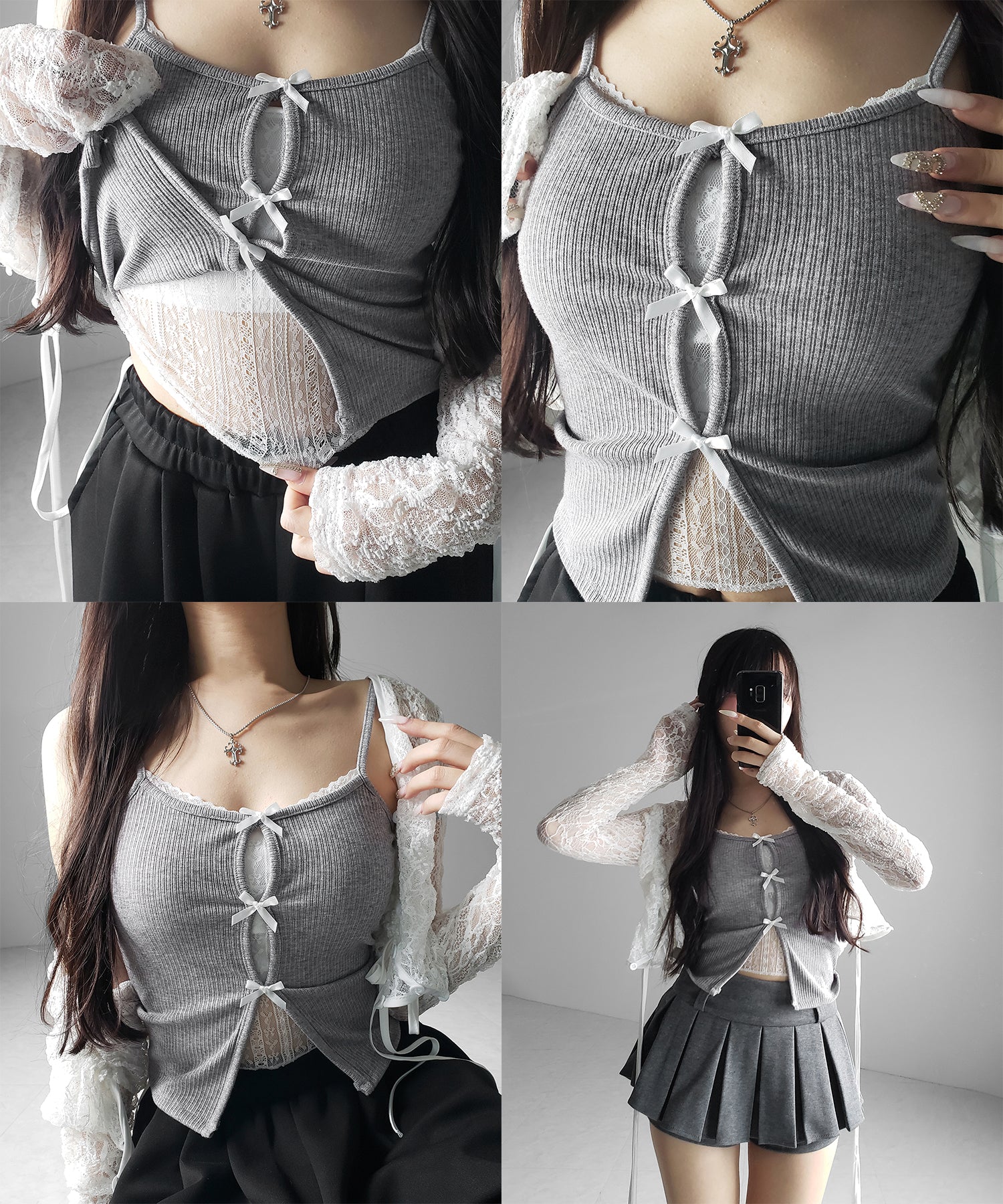 フロントリボンレースレイヤードリブキャミソール /Front ribbon lace layered ribbed camisole