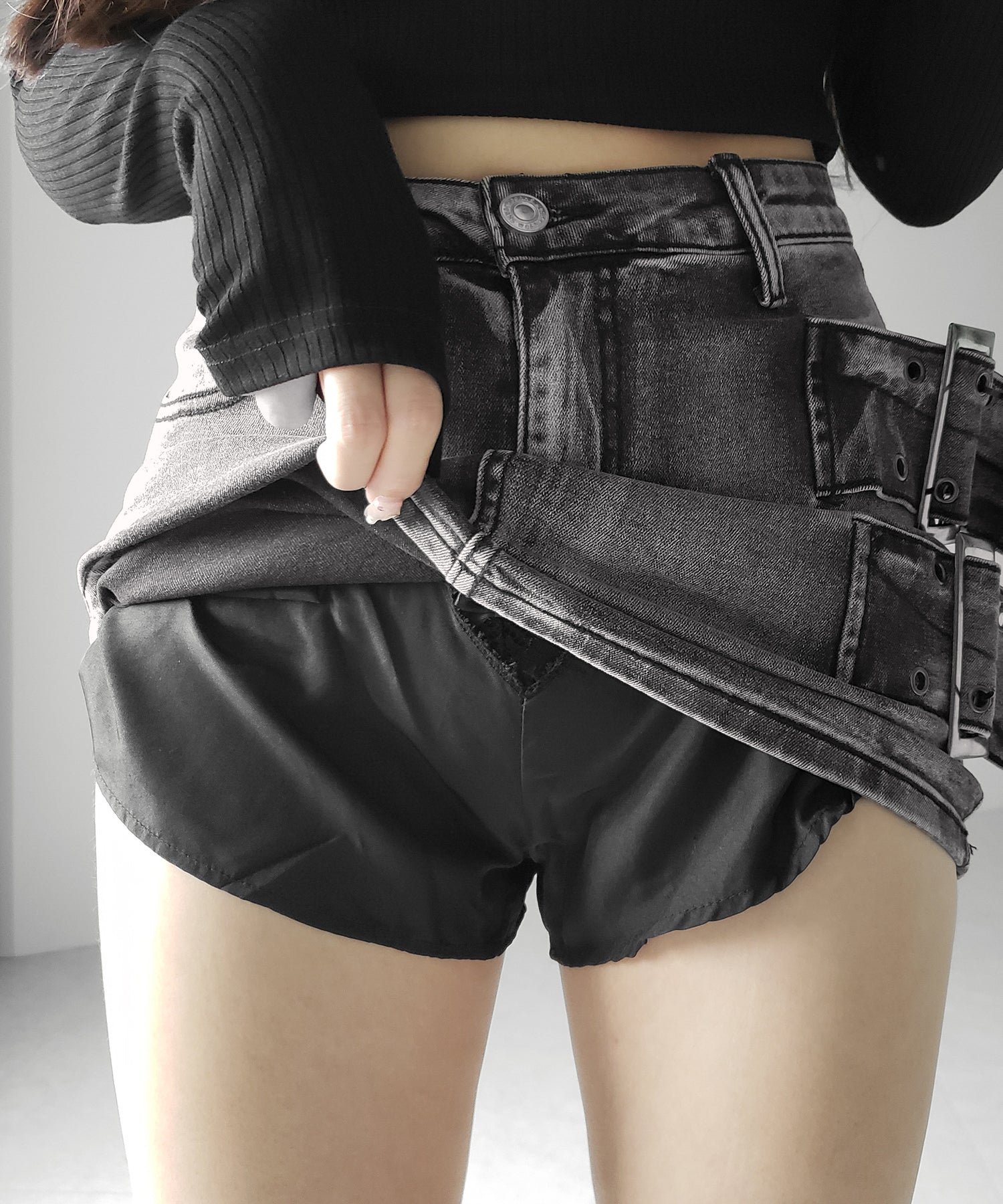 【 インパン裏地付 】ダブルハトメベルトヴィンテージデニムミニスカート / Double eyelet belt vintage denim mini skirt