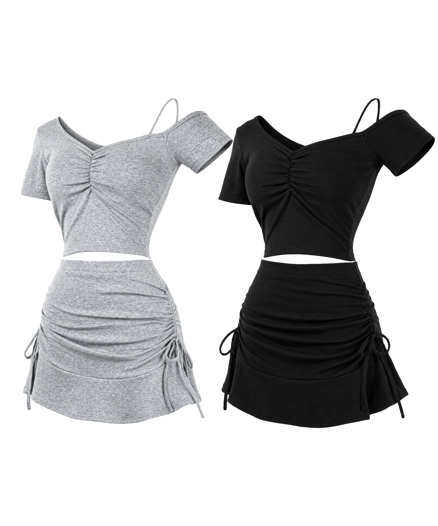 ワンショルギャザートップス + シャーリングリボンスカート SETUP / ( SETUP ) one shoulder gather tops + shirring ribbon skirt SET