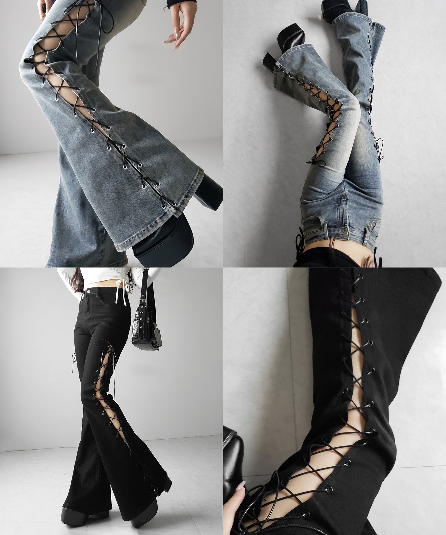 レースアップカットアウトストレッチフレアデニム / lace up cutout stretch flare denim
