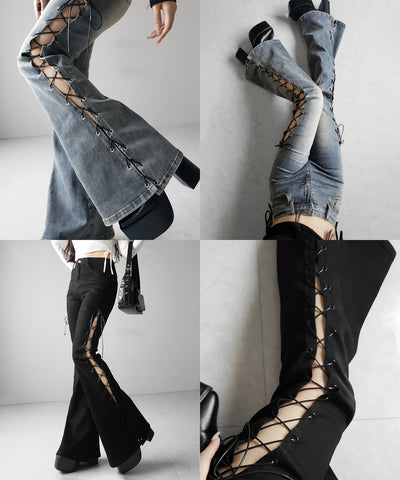 レースアップカットアウトストレッチフレアデニム / lace up cutout stretch flare denim