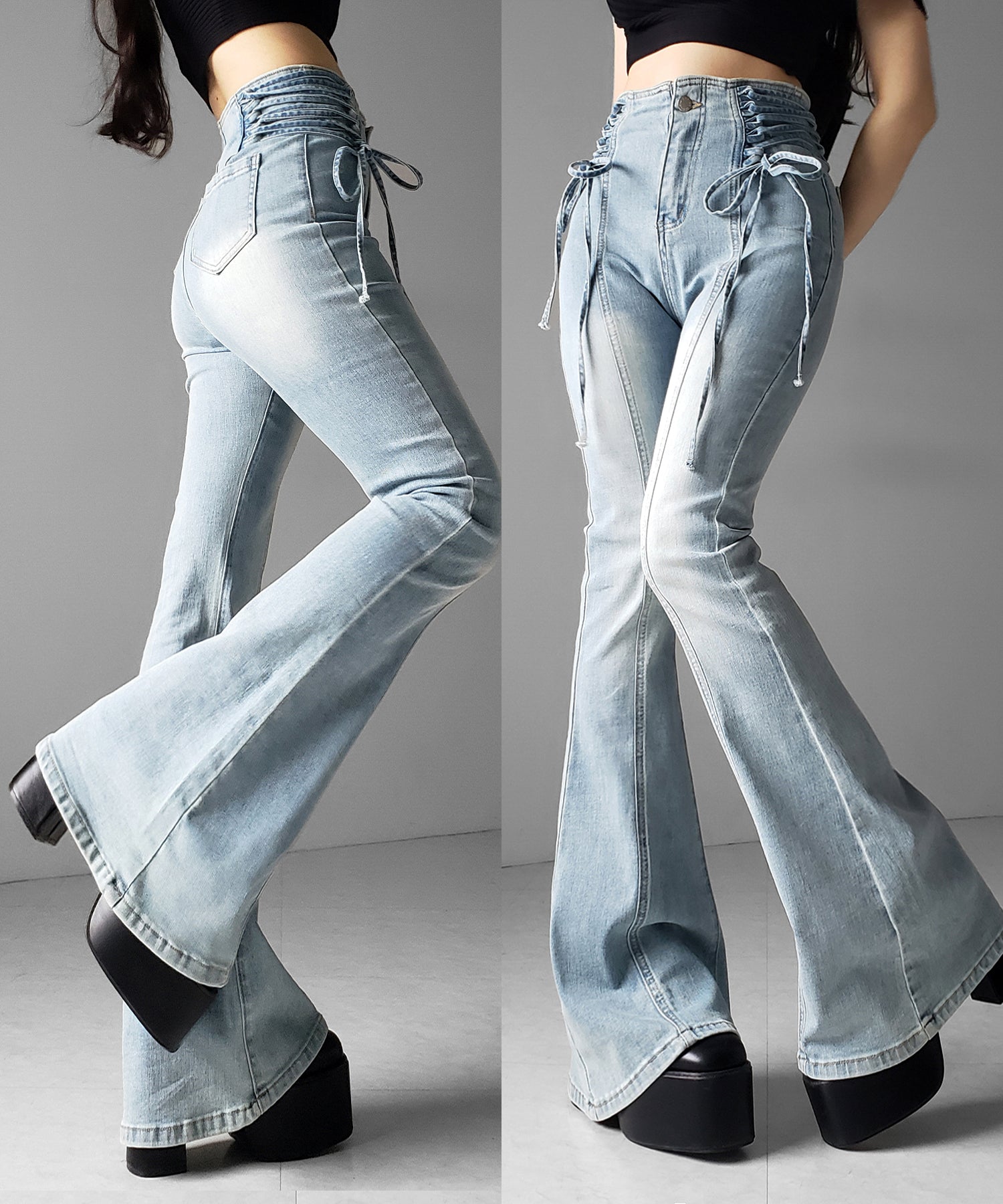 サイドレースアップリボン美脚ストレッチフレアデニム / side laceup ribbon slim leg stretch flare denim