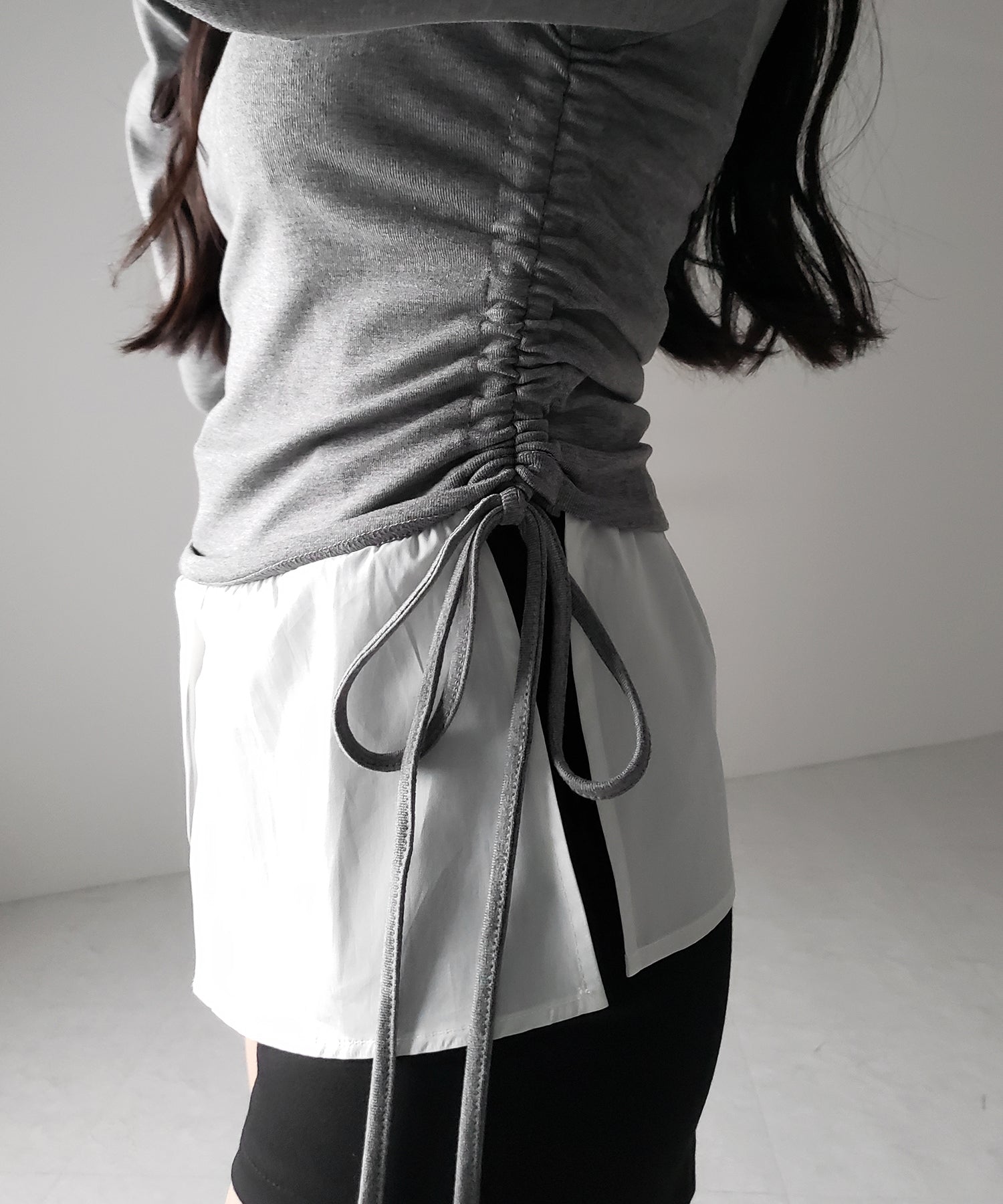 【 2WAY 】シャツドッキングサイドリボンワンショルトップス /shirt docking side ribbon oneshoulder tops