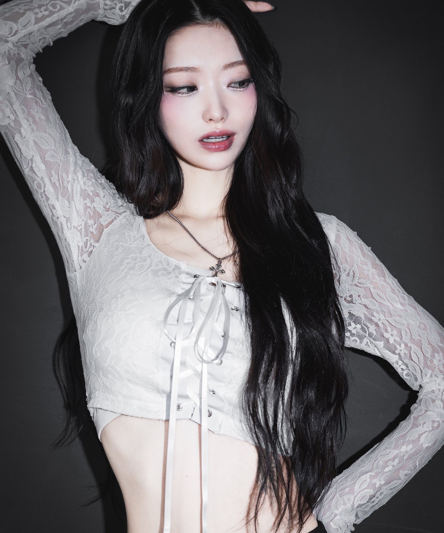 【 2color 】レースアップコルセットリボンショートレーストップス / laceup corset ribbon short lace tops