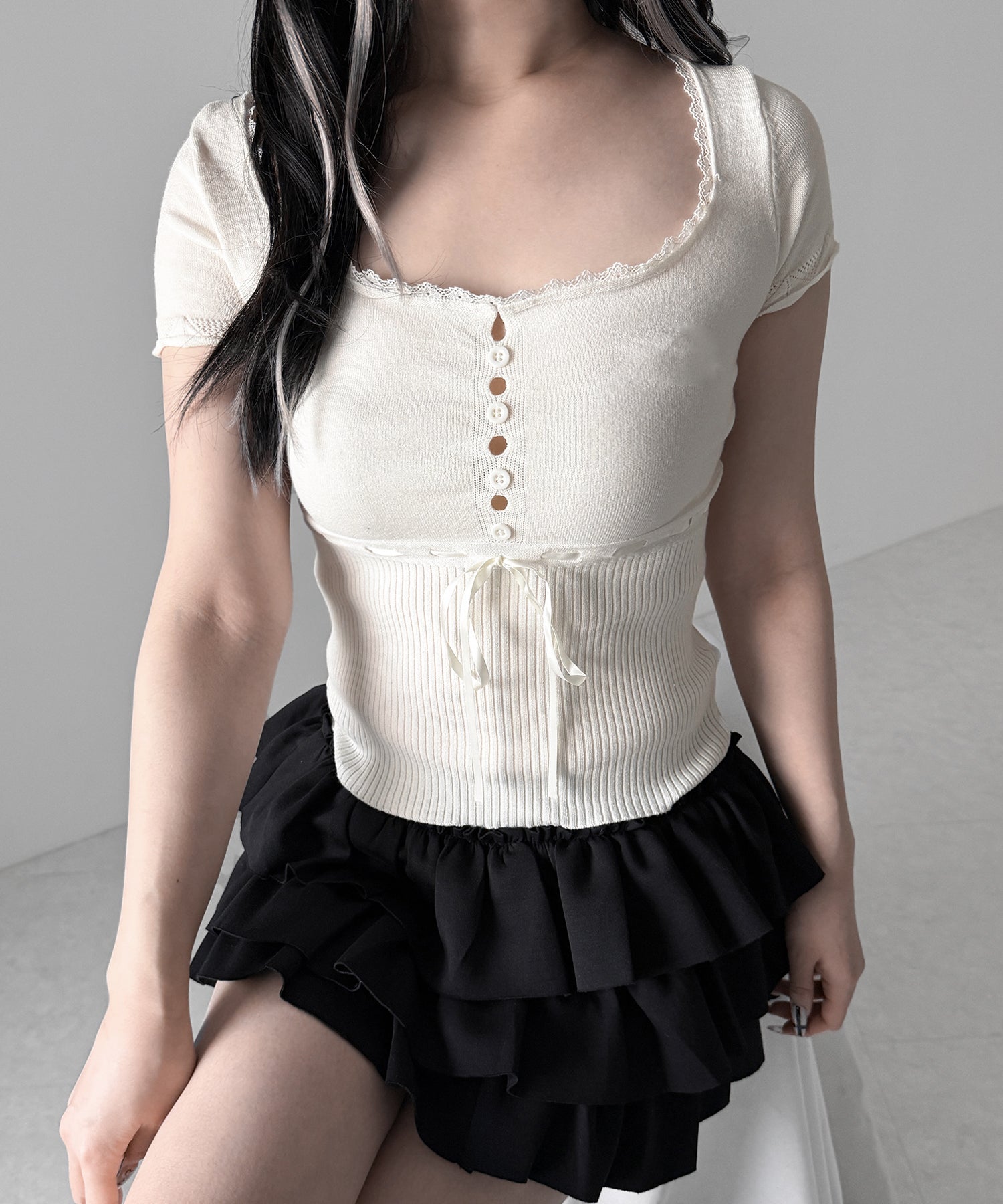 フロントリボンスクエア半袖ニットトップス / front ribbon square short sleeve knit tops