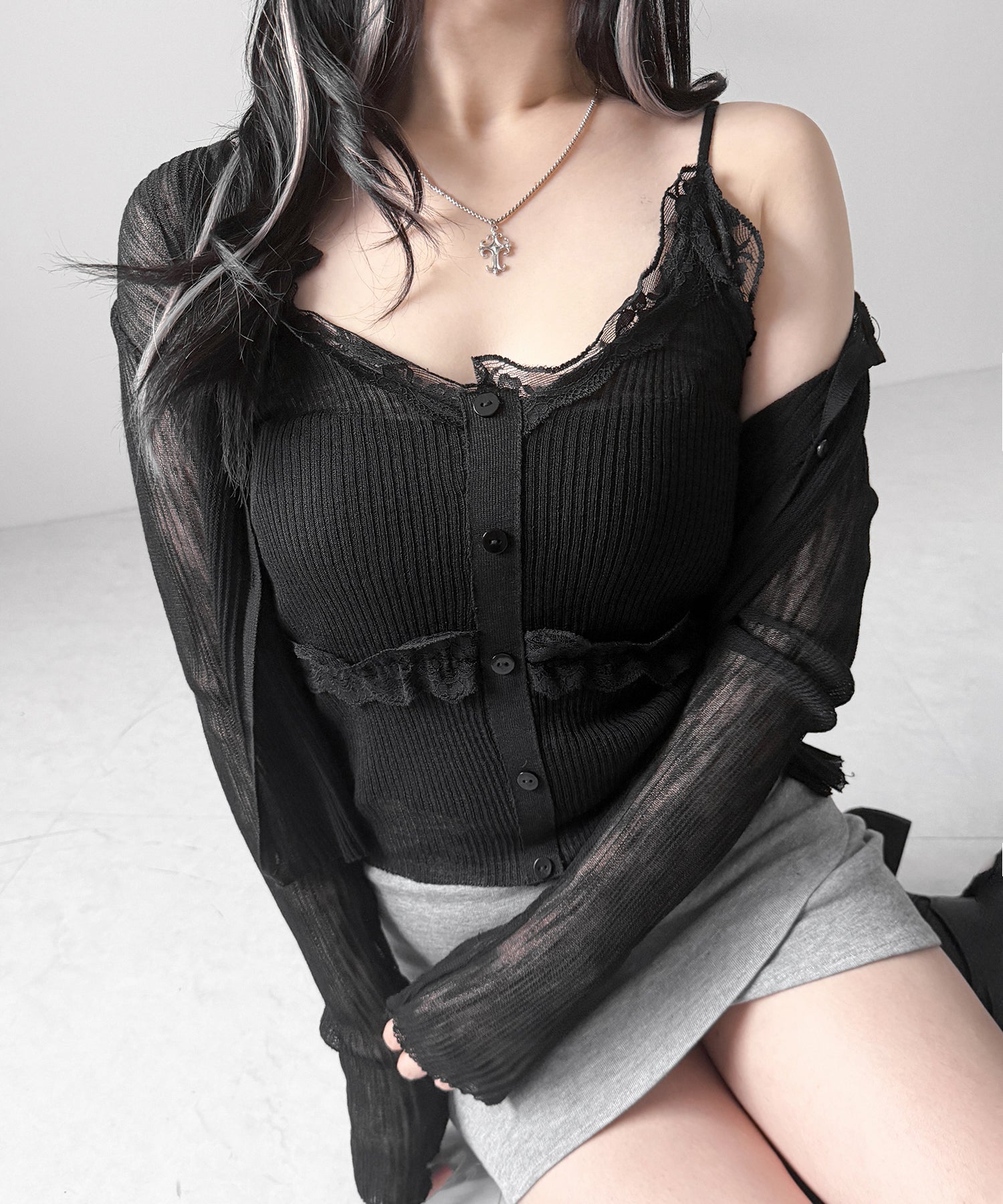 【 2点セット 】フロントレースシアーニットキャミソール +カーディガン SET / front lace sheer knit camisole + cardigan set