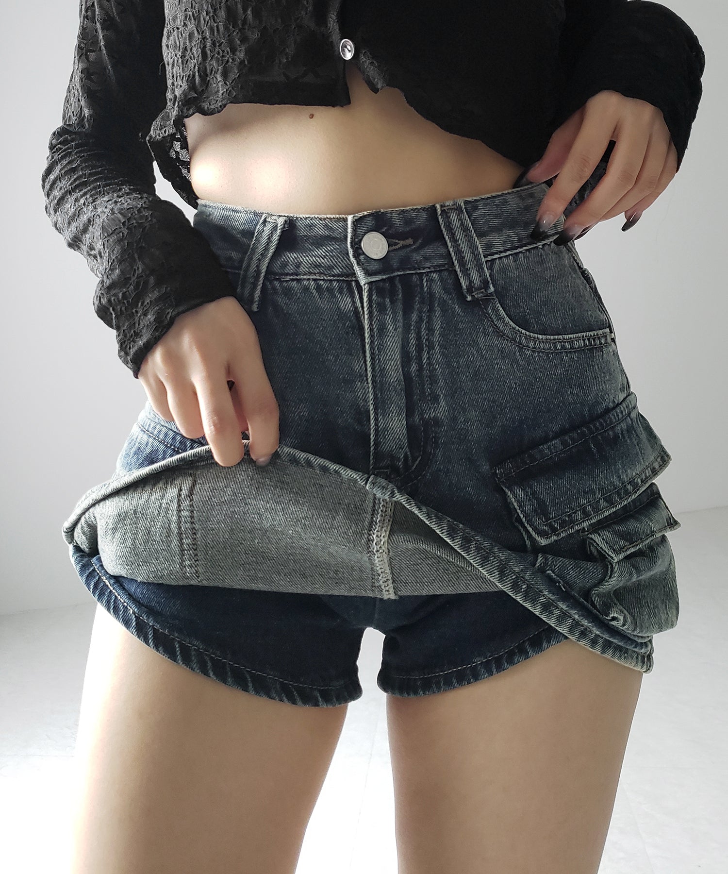 【 3size / 2color 】ダブルポケットヴィンテージカーゴデニムミニスカパン / double pocket vintage cargo denim mini skirt pants
