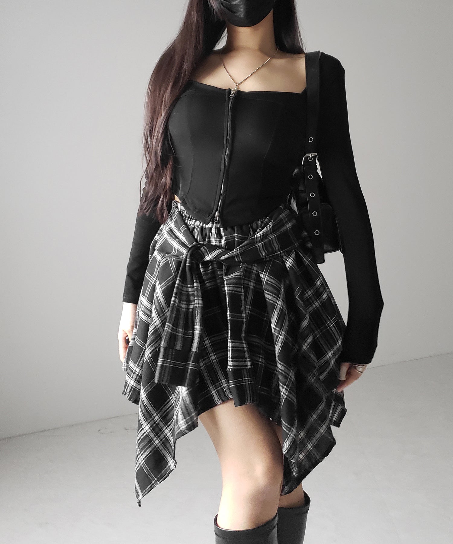 【 選べる2素材/インナーパンツ裏地付 】シャツレイヤードチェックミニスカート / shirt layered check mini skirt