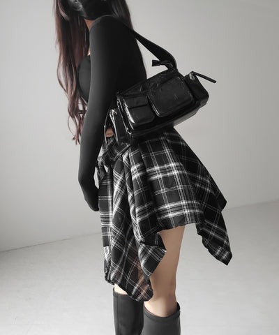 【 選べる2素材/インナーパンツ裏地付 】シャツレイヤードチェックミニスカート / shirt layered check mini skirt