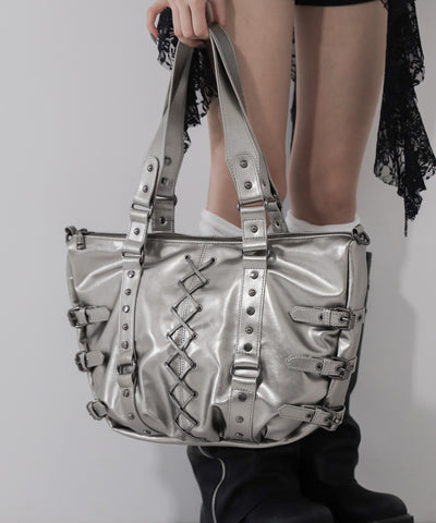 【 ショルダーストラップ付き2WAY 】レースアップベルテッドスタッズデザインヴィンテージショルダーバッグ / ( 2WAY ) laceup belted studs design vintage shoulder bag