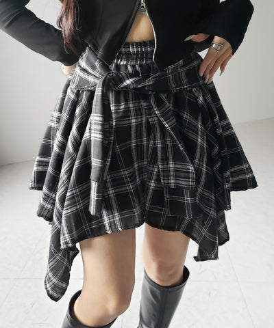 【 選べる2素材/インナーパンツ裏地付 】シャツレイヤードチェックミニスカート / shirt layered check mini skirt