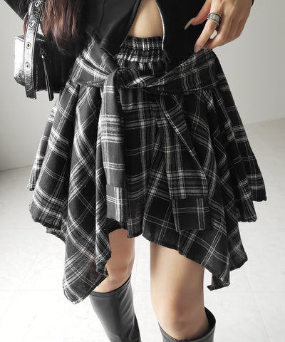【 選べる2素材/インナーパンツ裏地付 】シャツレイヤードチェックミニスカート / shirt layered check mini skirt