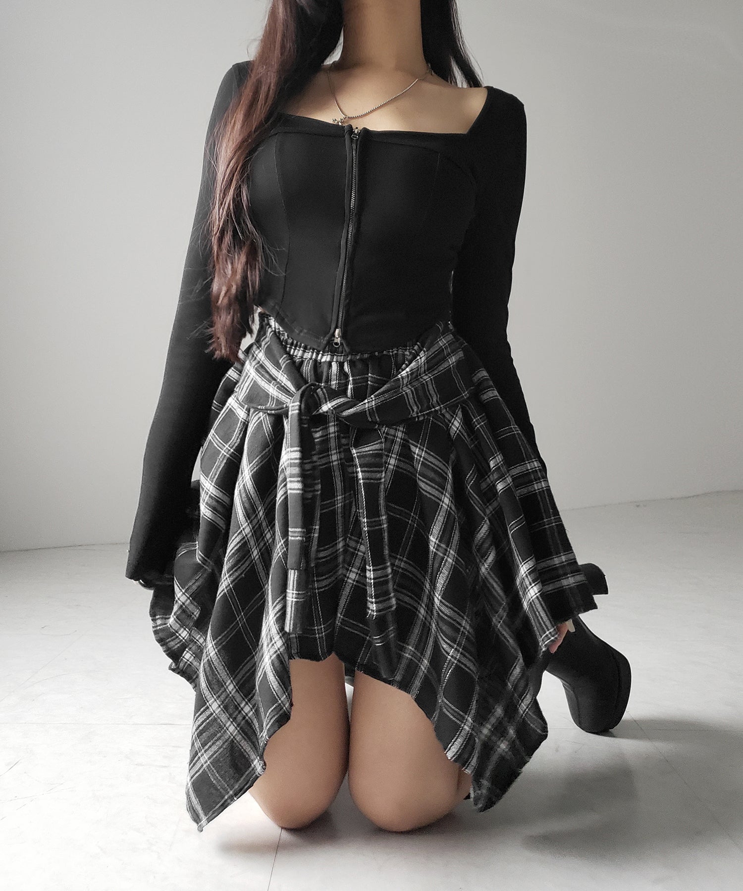 【 選べる2素材/インナーパンツ裏地付 】シャツレイヤードチェックミニスカート / shirt layered check mini skirt