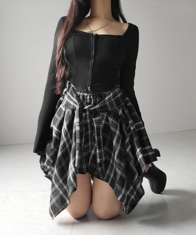 【 選べる2素材/インナーパンツ裏地付 】シャツレイヤードチェックミニスカート / shirt layered check mini skirt