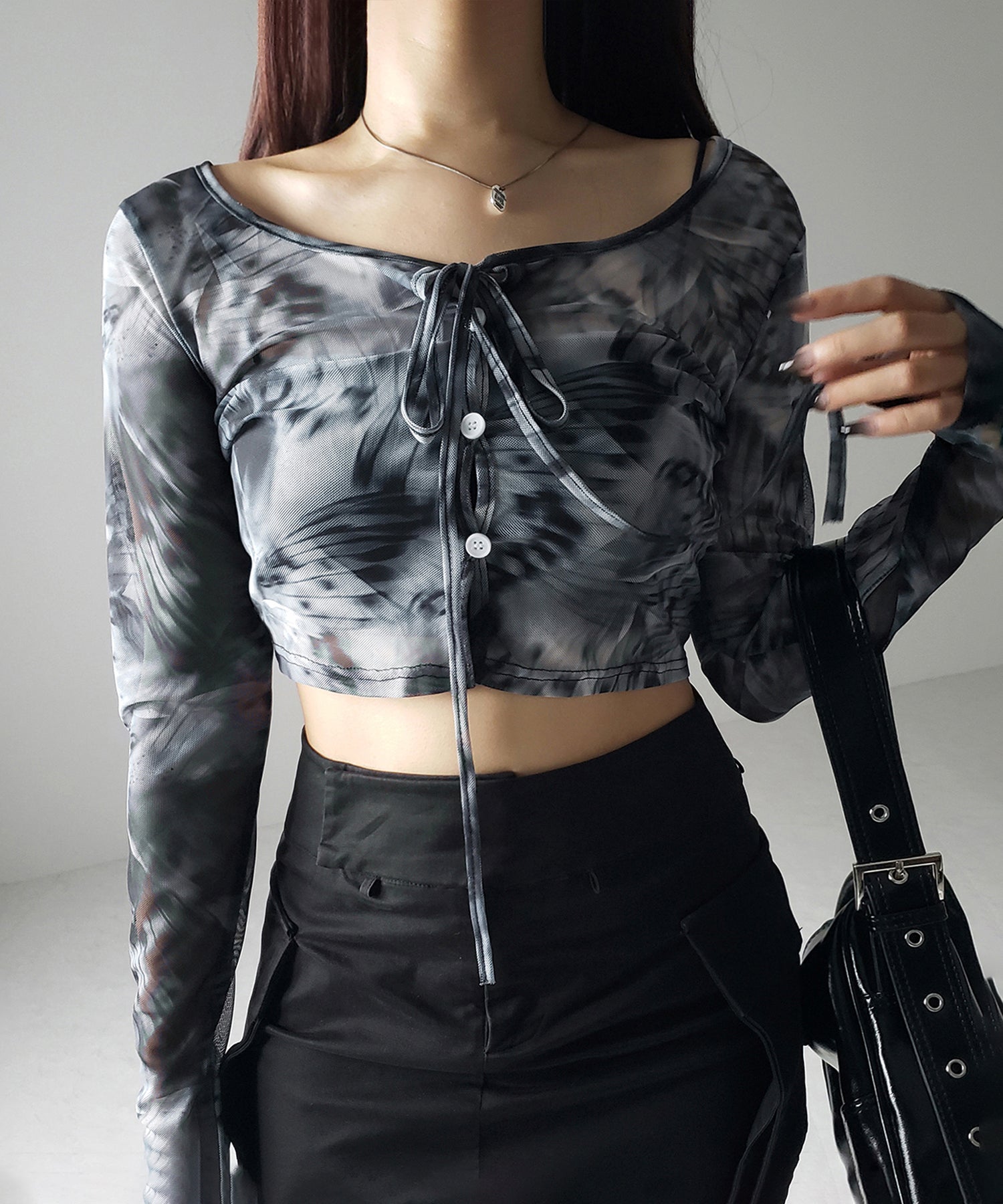 【 3color / 2WAY 】クロスストラップリボンシアーショートカーディガン / cross strap ribbon sheer short cardigan