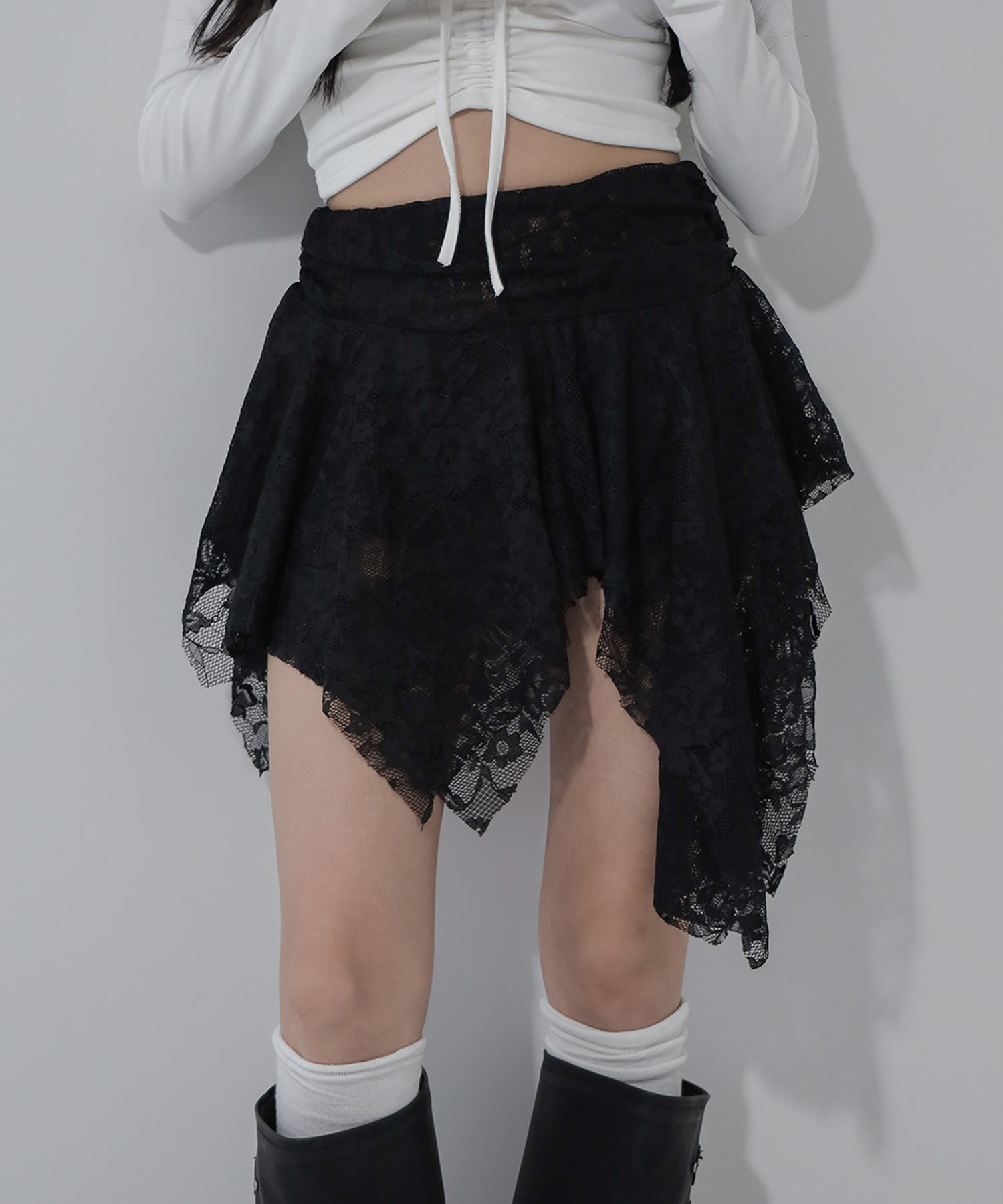 【 2color / インパン裏地付】アシンメトリーフリルレースミニスカート / asymmetry frill lace mini skirt