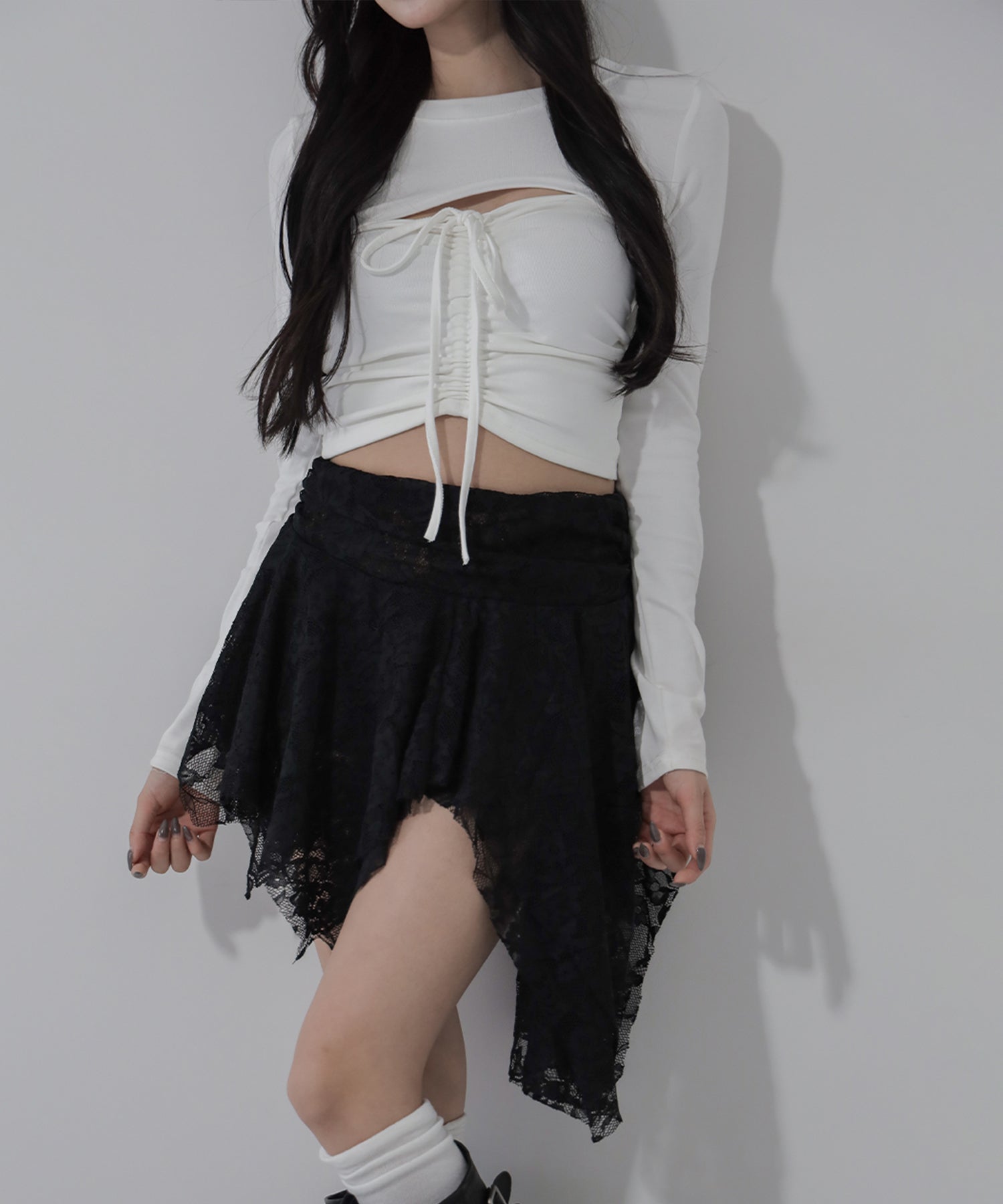 【 2color / インパン裏地付】アシンメトリーフリルレースミニスカート / asymmetry frill lace mini skirt