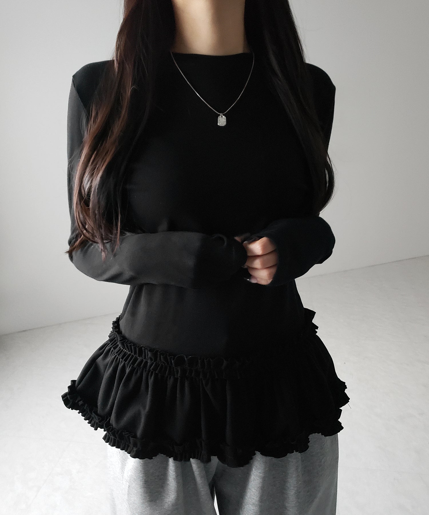 【 3color 】裾フリルレイヤード長袖トップス / hem frill layered long sleeve tops