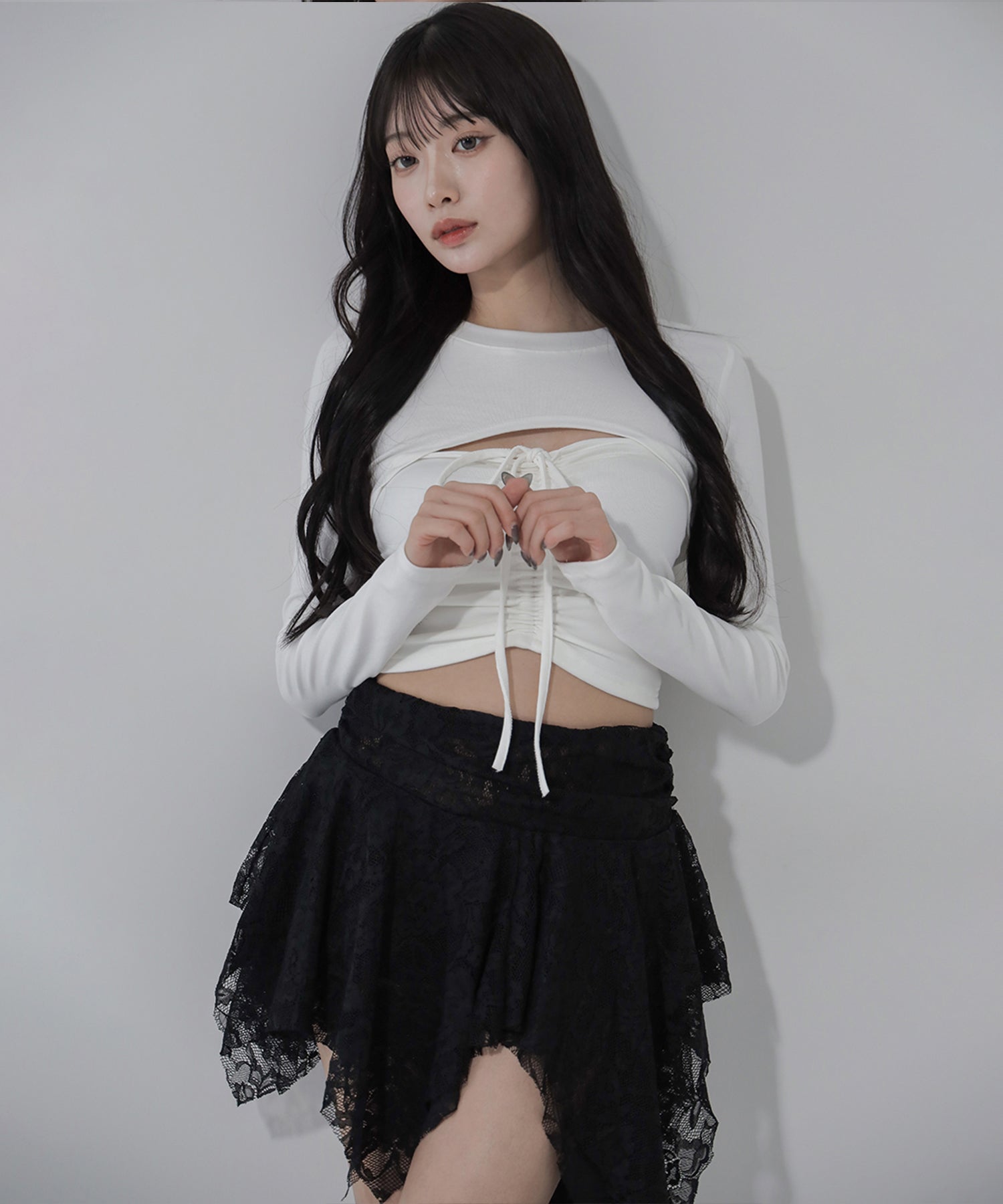 【 2color / インパン裏地付】アシンメトリーフリルレースミニスカート / asymmetry frill lace mini skirt