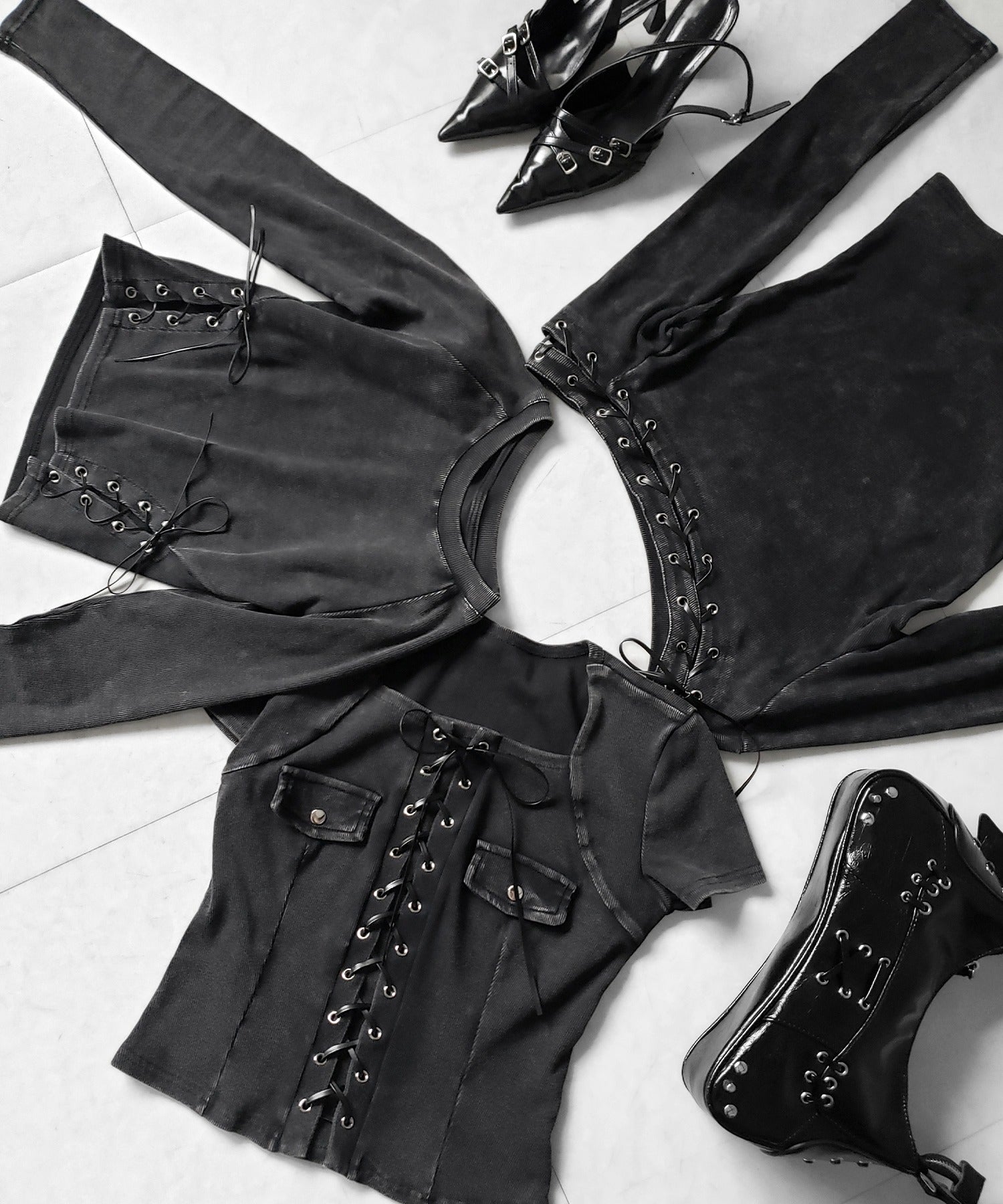 ヴィンテージレースアップスクエア半袖Tシャツ / vintage laceup square T-shirts