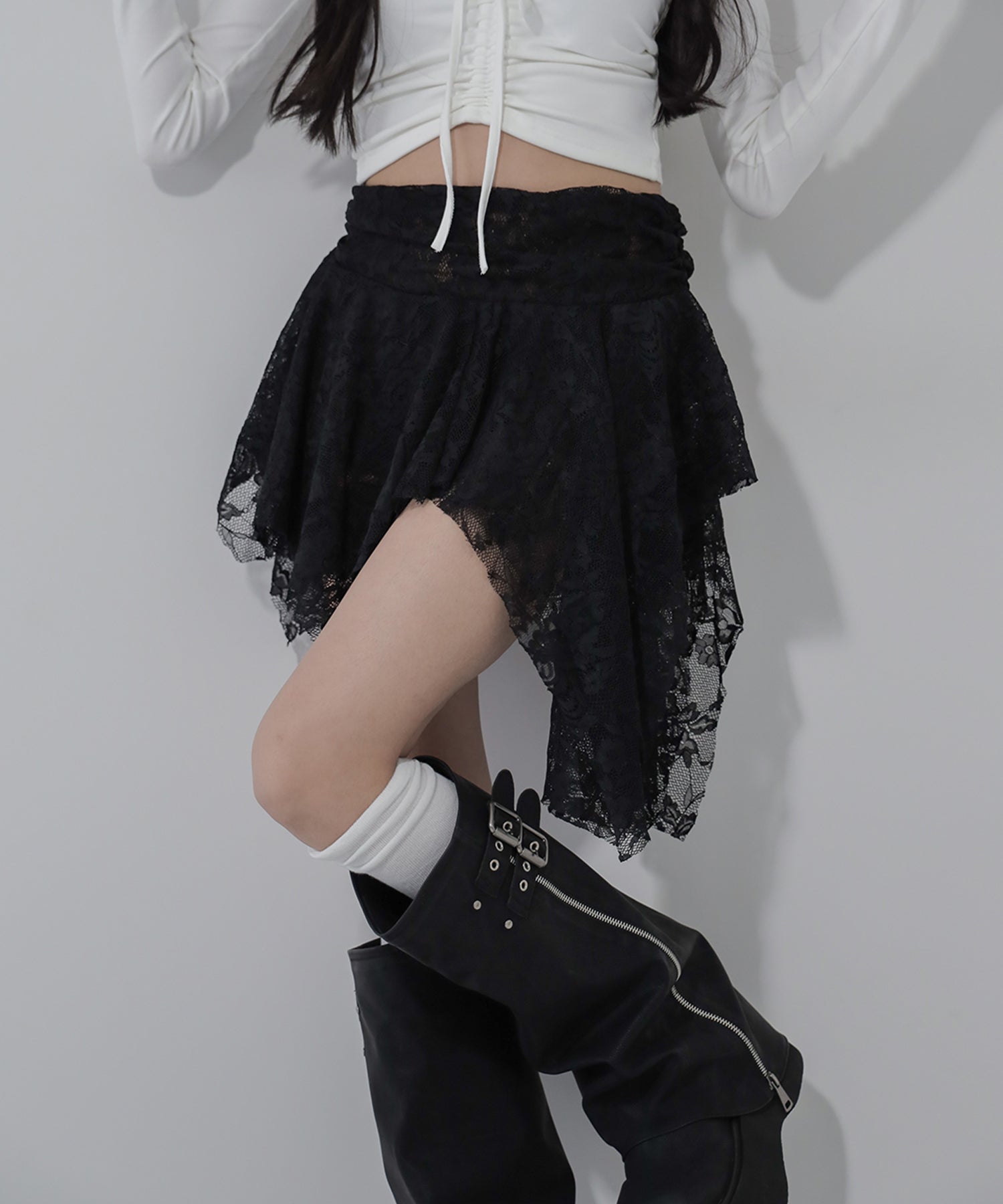 【 2color / インパン裏地付】アシンメトリーフリルレースミニスカート / asymmetry frill lace mini skirt