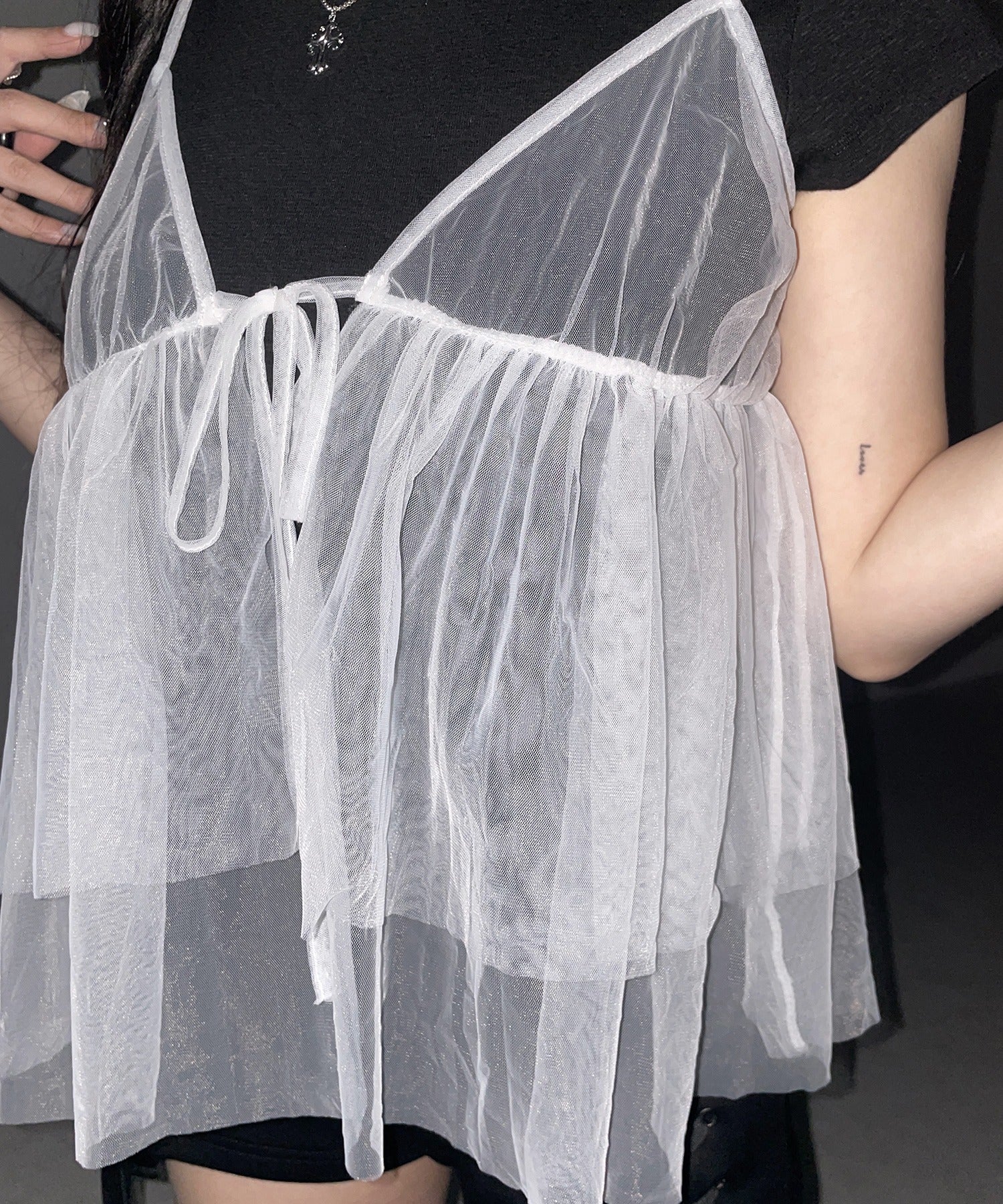 フロントリボンチュールキャミソール / front ribbon tulle camisole