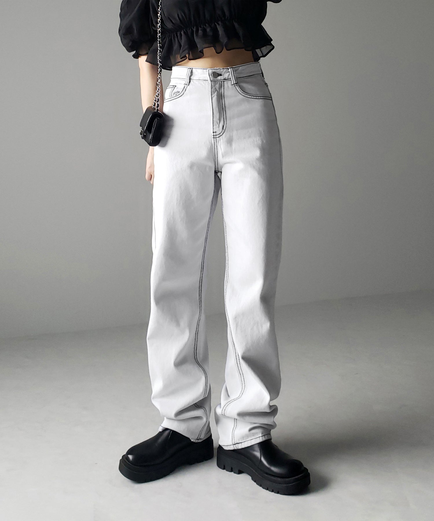 【 2color / 3size 】ハイウエストウォッシングロングデニムパンツ