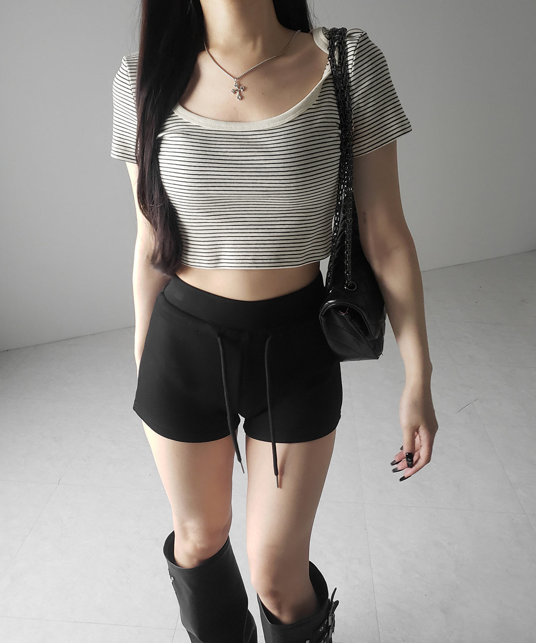 ピンボーダースクエアネックショートTシャツ / pin border square neck short T-shirt