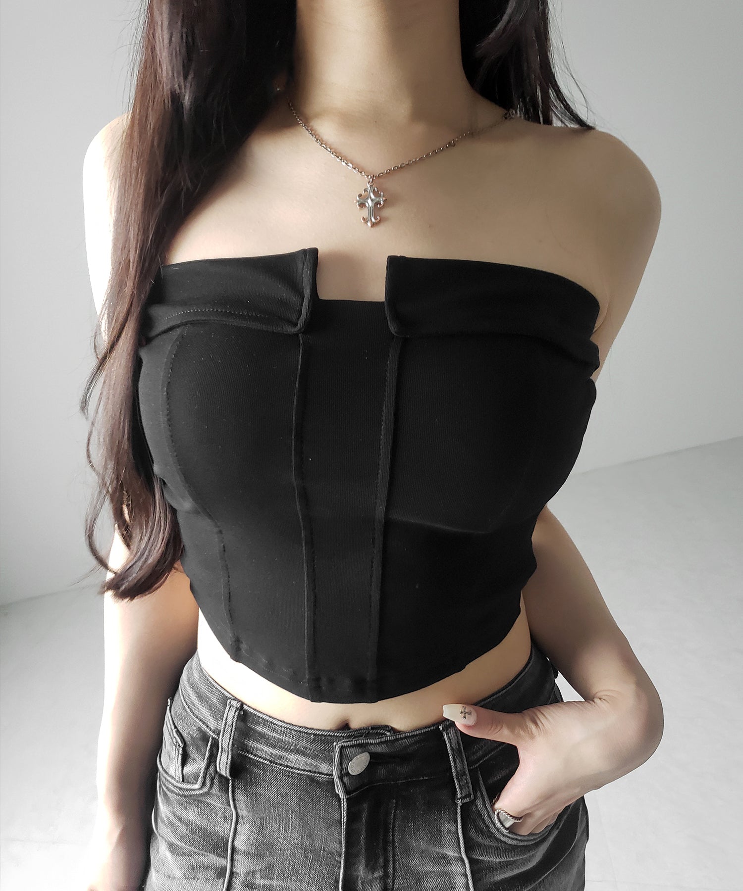 【 カップ付き 】コルセットスリムライン切替ベアトップス / corset slim line switching bare tops