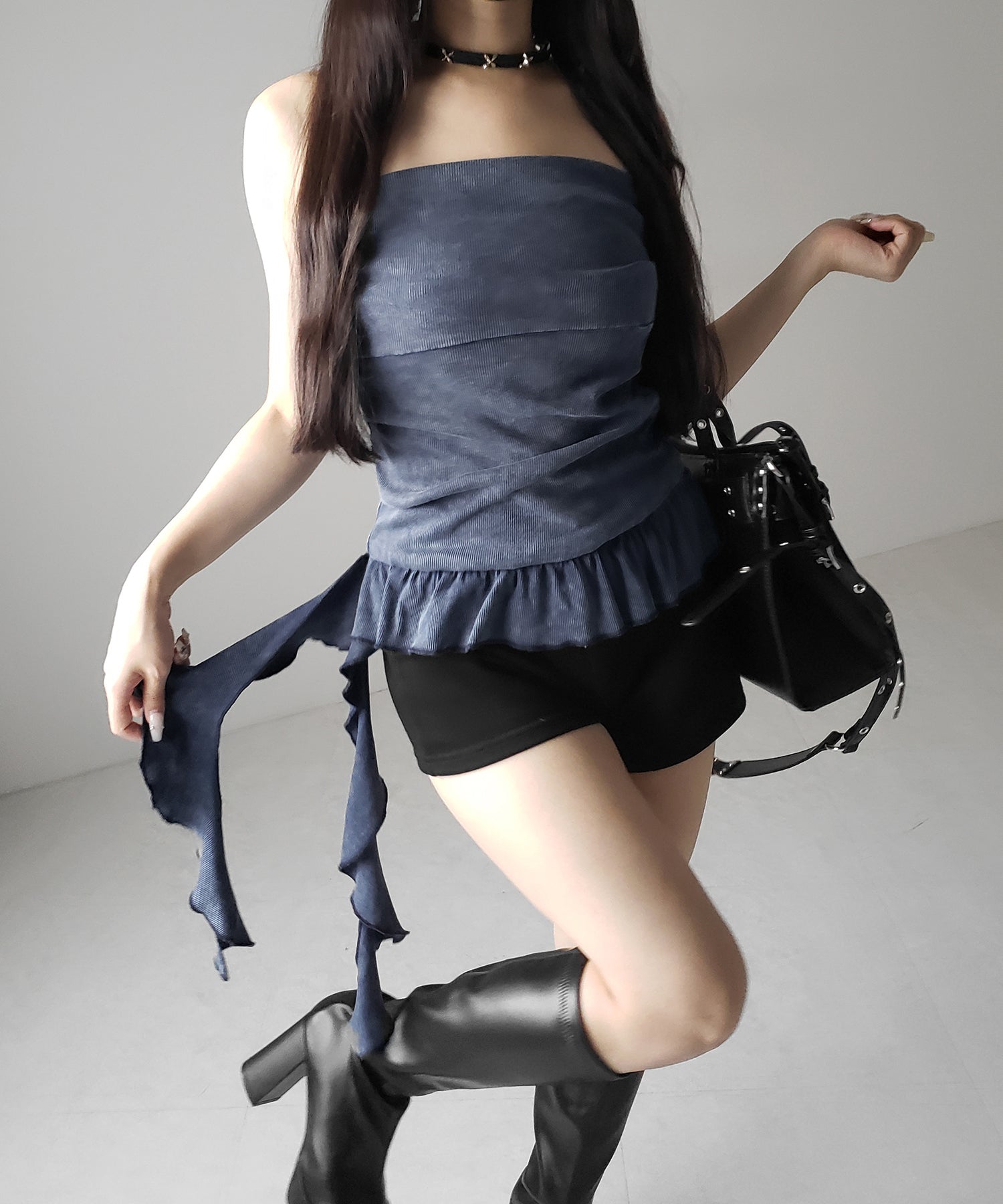 【 2color 】ヴィンテージピグメントフリルベアトップス / vintage pigment frill bare tops