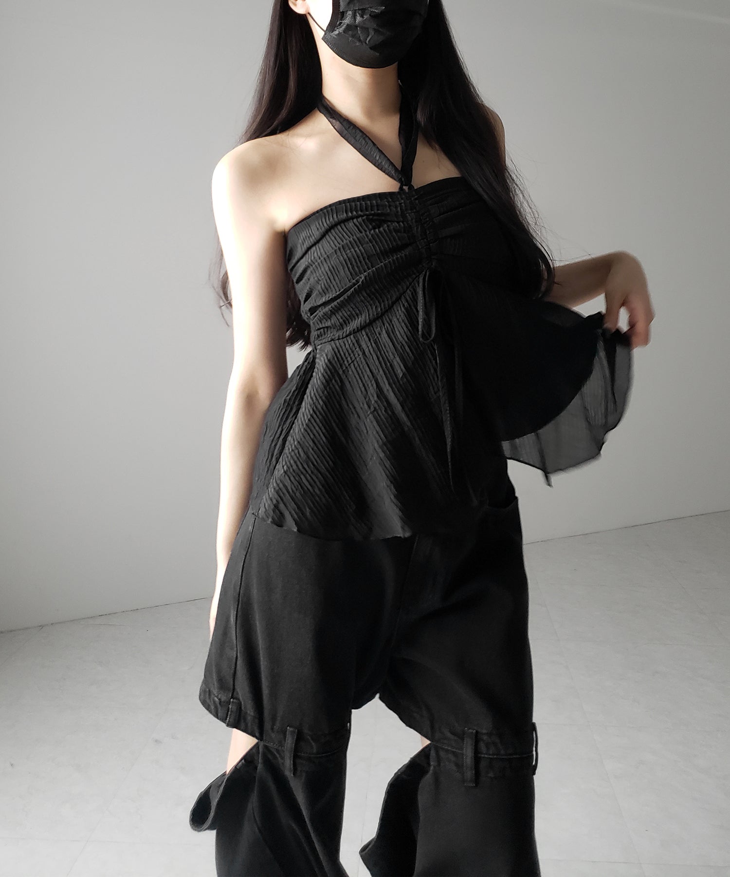 【 チョーカータイ付 】シャーリングリボンペプラムシフォンビスチェトップス / choker tie set shirring ribbon peplum chiffon bustier tops