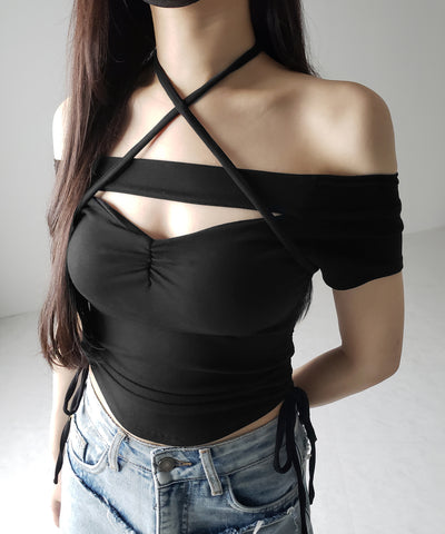半袖クロスストラップリボンカットアウトオフショルトップス / short sleeve cross strap ribbon cutout offshoulder tops