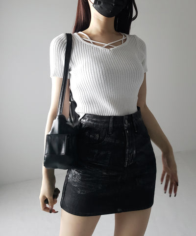 半袖クロスラインストラップデザインリブニット