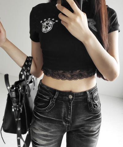 ユニフォームドッキングレースショートピチTシャツ / uniform docking lace short pichi T-shirt