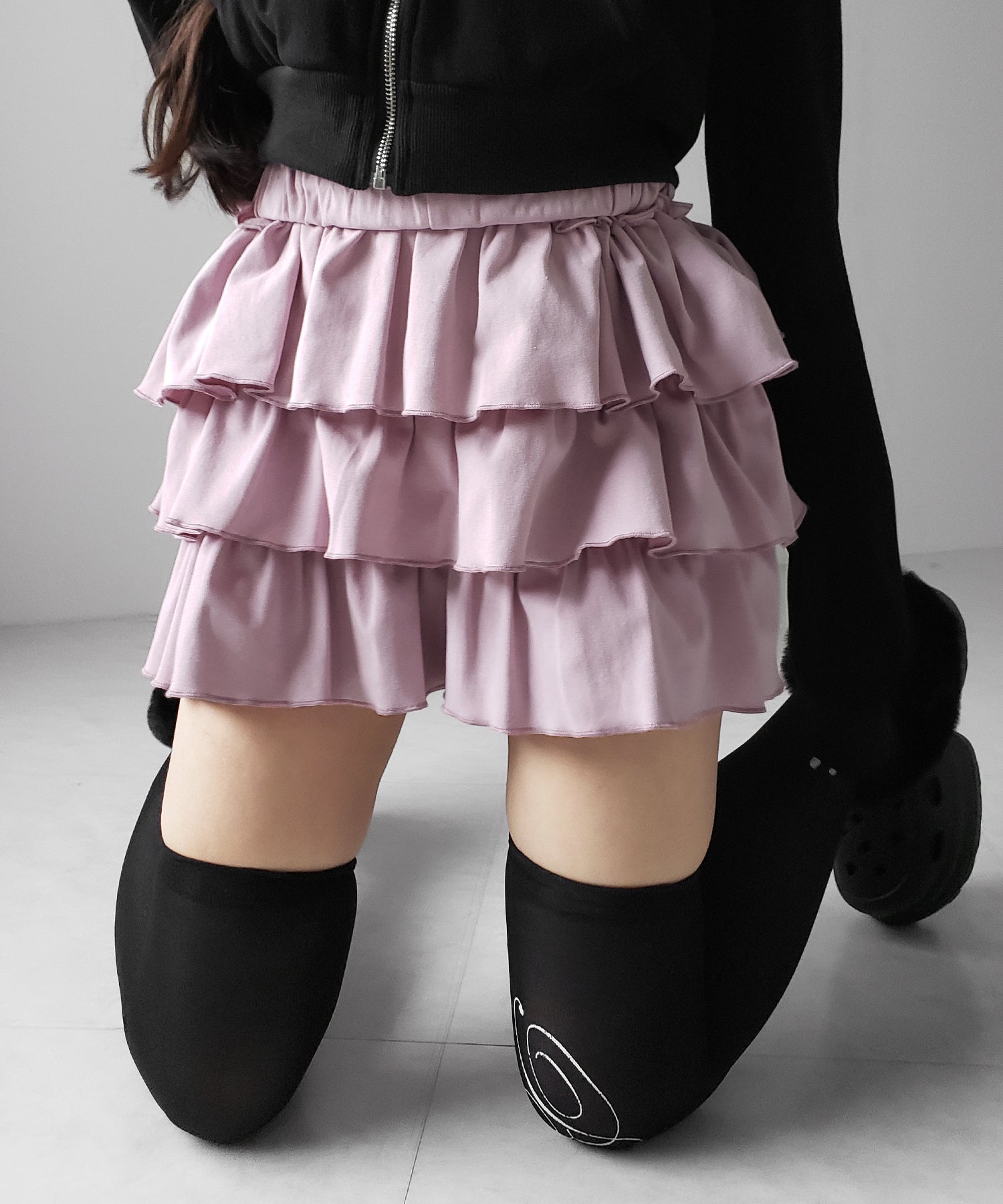 【 新色ピンク追加!4color 】3段フリルカットソーミニスカパン / 3 frill cutsew mini skirt pants