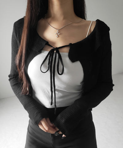 【 2color 】襟付きフロントリボンシアーニットショートカーディガン / collar front ribbon sheer knit short cardigan