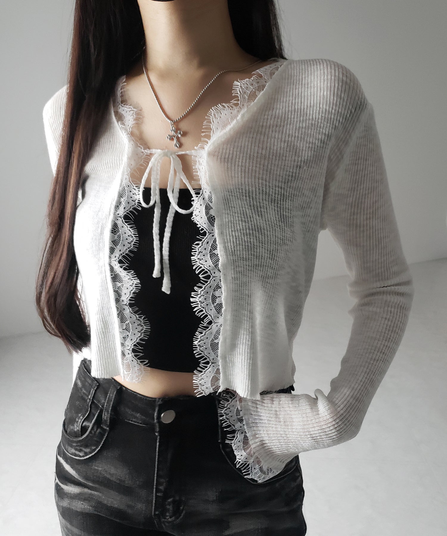レースドッキングフロントリボンシアーニットカーディガン / lace docking front ribbon sheer knit cardigan