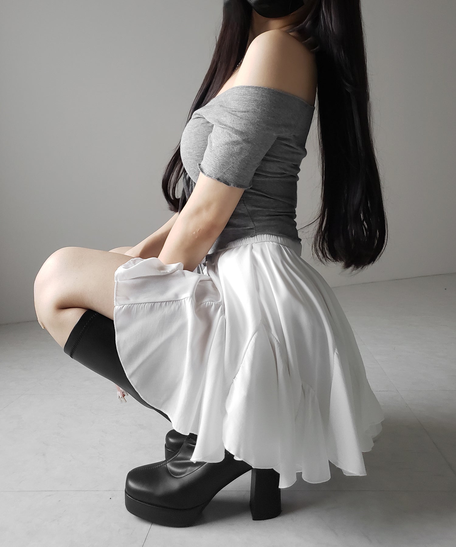 【 2color /インパン裏地付き 】ハイウエストドレープフレアミニスカート / high waist draped flare mini skirt
