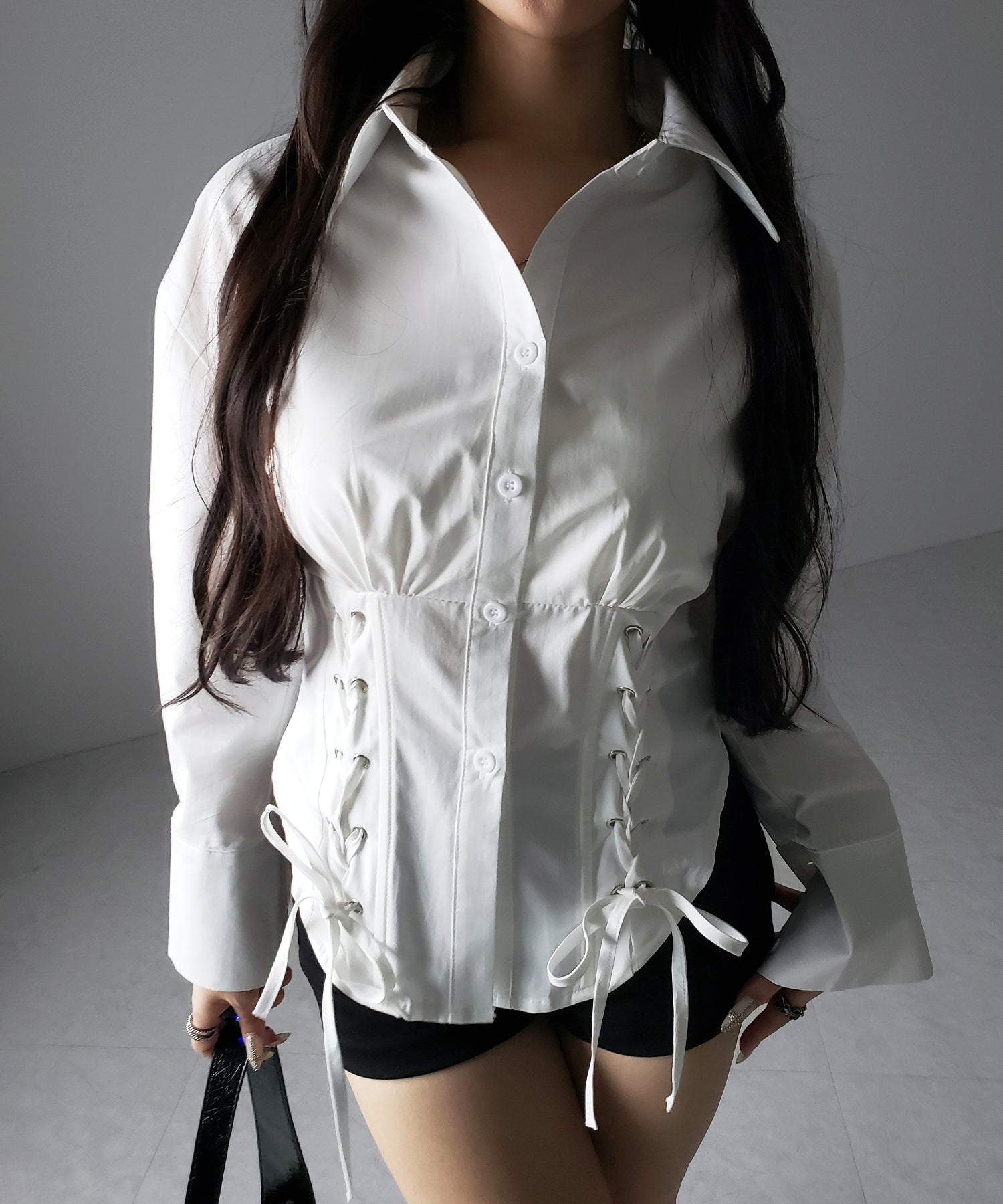 ダブルレースアップリボンシャツ / double lace up ribbon shirts